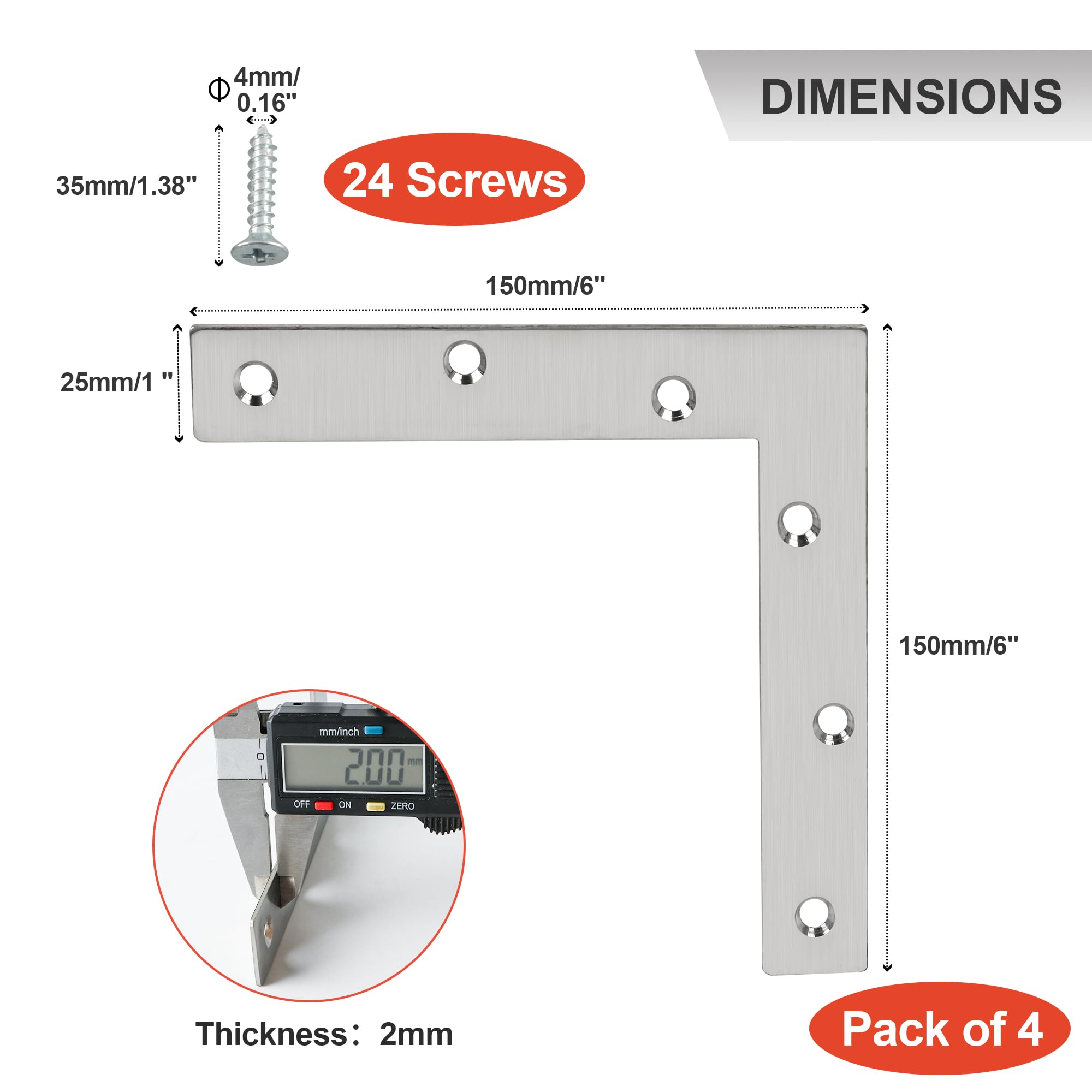 SAYAYO 4 Stuks Hoekbeugels L-vorm Platte Hoeksteun van Roestvrij Staal 150mm x 150mm, Platte Verbinders Geborsteld voor Houten Meubels, EJ7150L-4P-EU