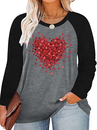 Plus Size Valentines Day Shirt Women Buffalo Plaid Love Heart Graphic Tees Cute Long Sleeve Tops Clothing for Her
