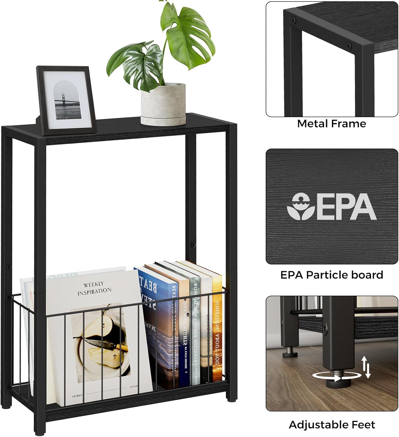 Narrow Side Table with Magazine Holder, Skinny End Table Perfect for Small Spaces, Space-Saving Design for Living Room, Bedroom, or Office, 7.1