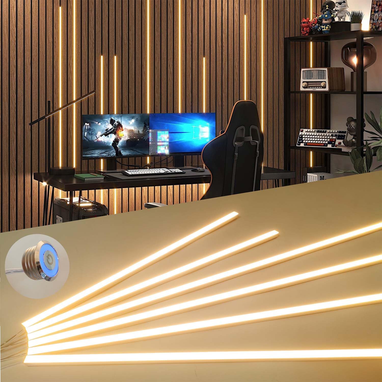 LED Recessed Lighting Kit for Wall Panels - 6pcs Self-Adhesive Wall LED Lights for Interior Wall Decor, 3000k Touching Switch Light for Wood Slat Wall Panels (Touch Sensor Switch)