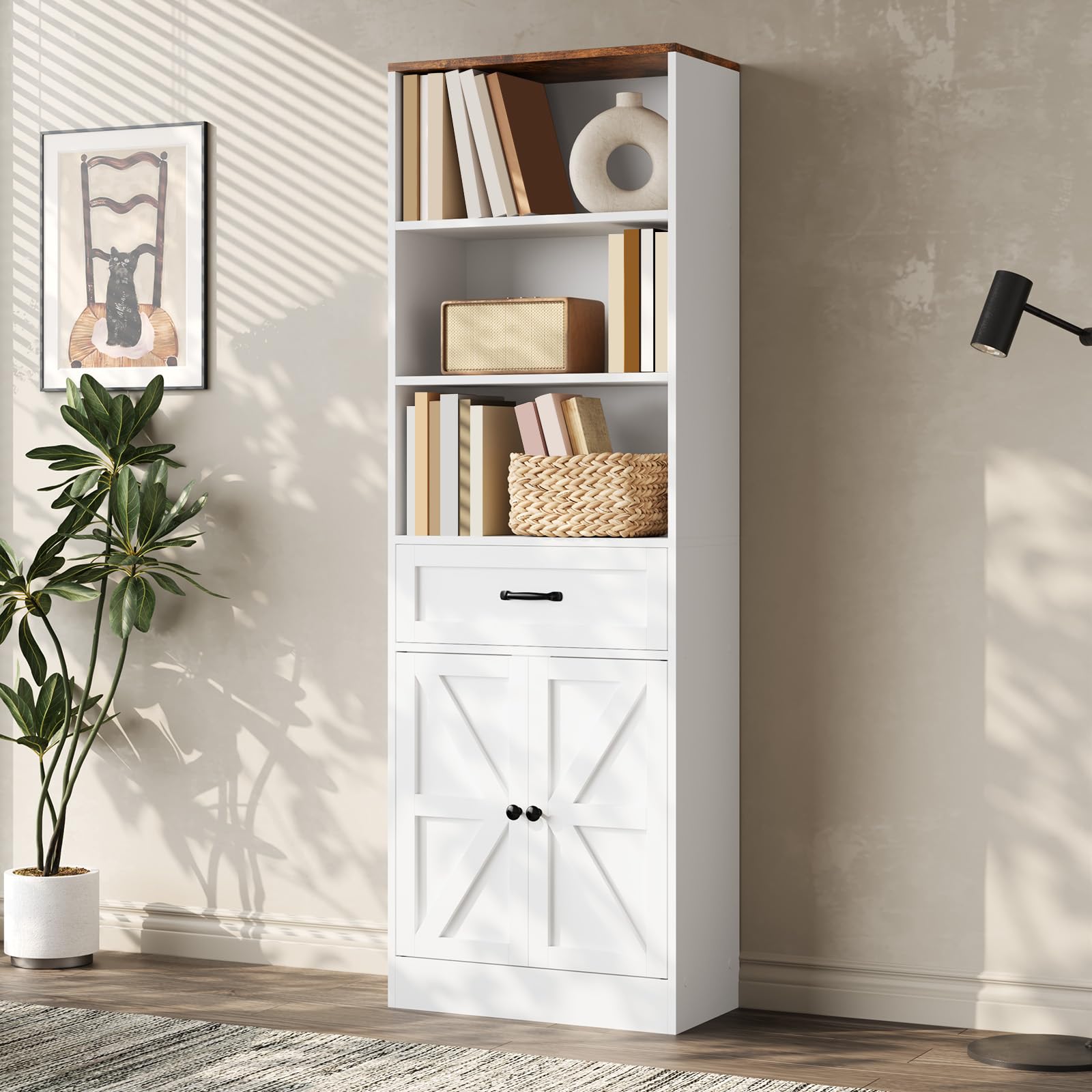 oneinmil 70 in White Storage Shelf with Drawer and Doors- Ideal for Home and Office,Sturdy P2 PB and MDF Construction, Inspired Design for Organizing Your Space