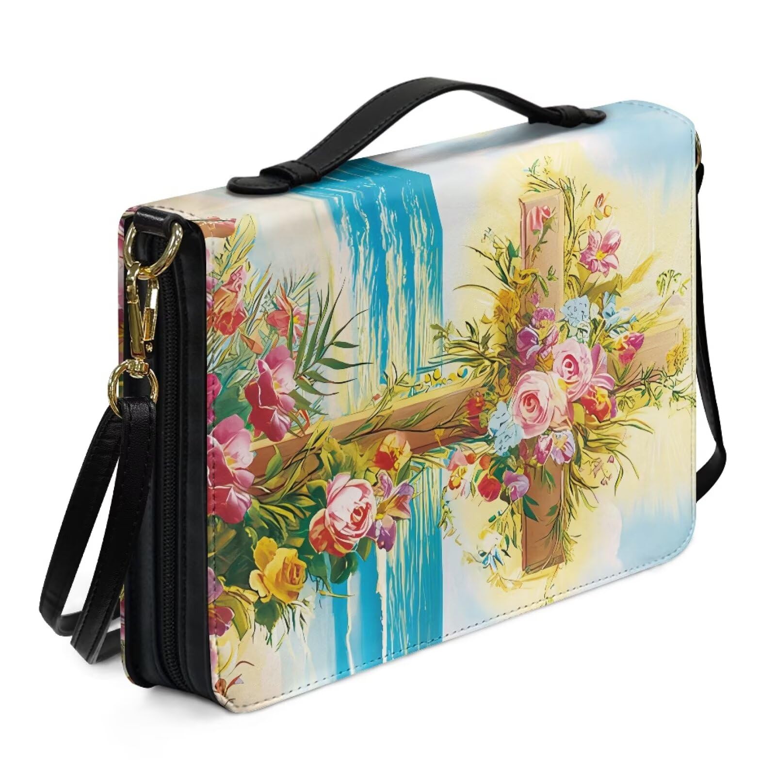 Kuiaobaty Cross Flowers Painting Bible Bag Totes Book Cover with Pockets, Ocean Beach Print Leather Church Bible Case with Shoulder Strap,2XL