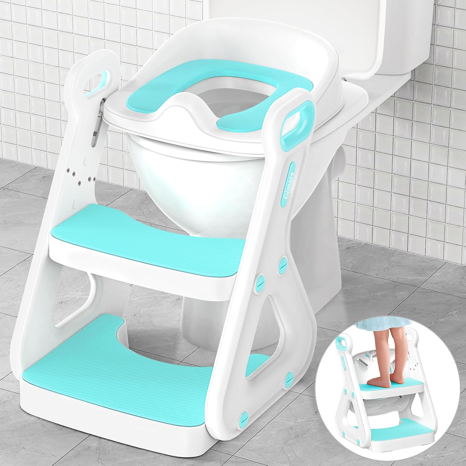 Gimars Upgrade Ultra-Stable 2 In 1 Multifunctional Toddler Potty Seat For Toilet with Setp Stool, Potty Traning Toilet For Boys Girls With Widened Ladder,Comfortable Safe Potty Seat With Handrail,Aqua