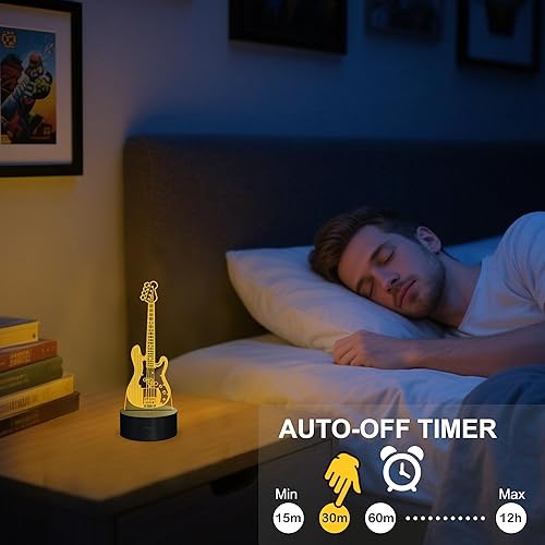 Miniatura 5 de YuanDian Luz nocturna para guitarra, bajo eléctrico 3D, lámpara de ilusión LED, 16 colores alimentada por USB y control táctil con control remoto,