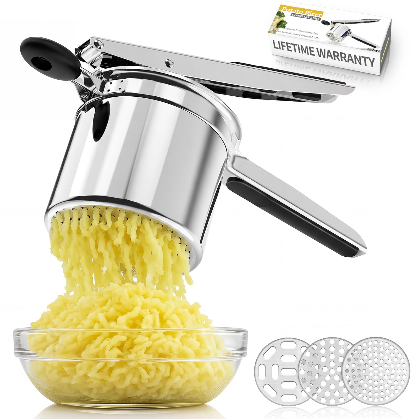 SPEENSUN Kartoffelpresse & Spätzlepresse aus Edelstahl (450ml) | 3 Lochscheiben & rutschfester Silikongriff | Spülmaschinenfest (Lose Scheiben können beim Pressen anhaften)