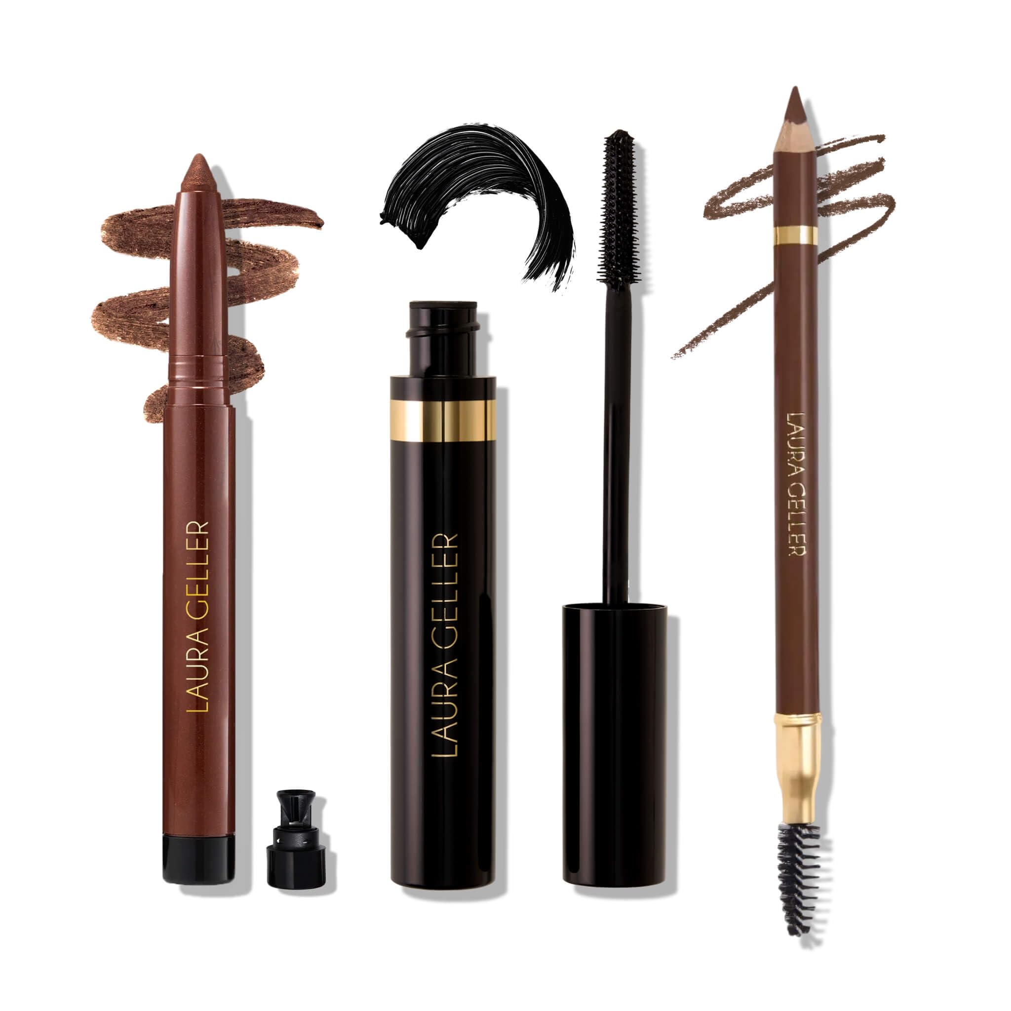 LAURA GELLER NEW YORK Laura’s 3 E’s Eyeliner, Eyelash & Eyebrows Kit for Mature Skin | Dark Brown | Kajal Longwear Eyeliner, Kajal Longwear Mascara & Bravo Brows Soft Pencil + Brush
