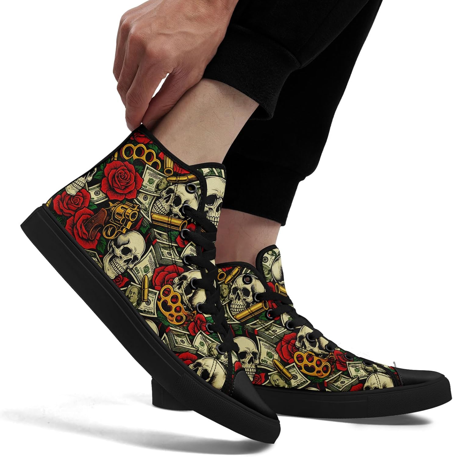 High Top Canvas Sneakers with Skull Floral, Lightweight Casual Walking Goth Shoes for Streetwear Skate Travel - Image 3