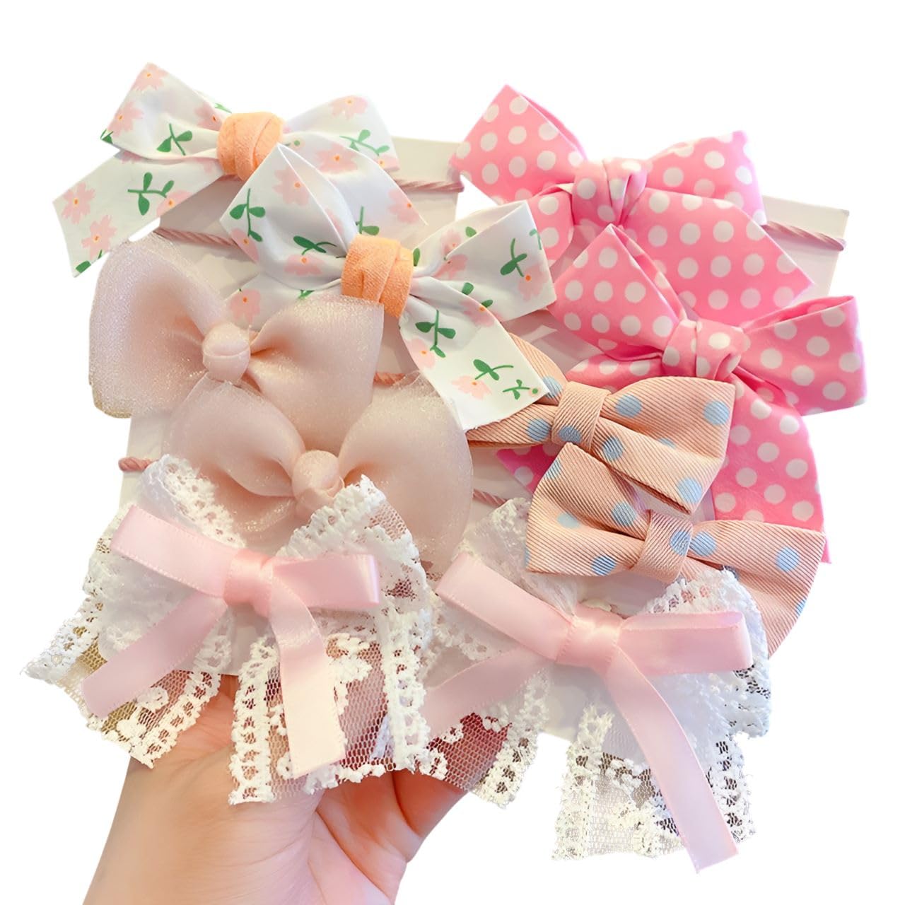 10 Pcs Floral & Lace Bow Hair Tie Rope Set for Girls & Women - Sweet Princess Style Hair Accessories (Baby Pink)