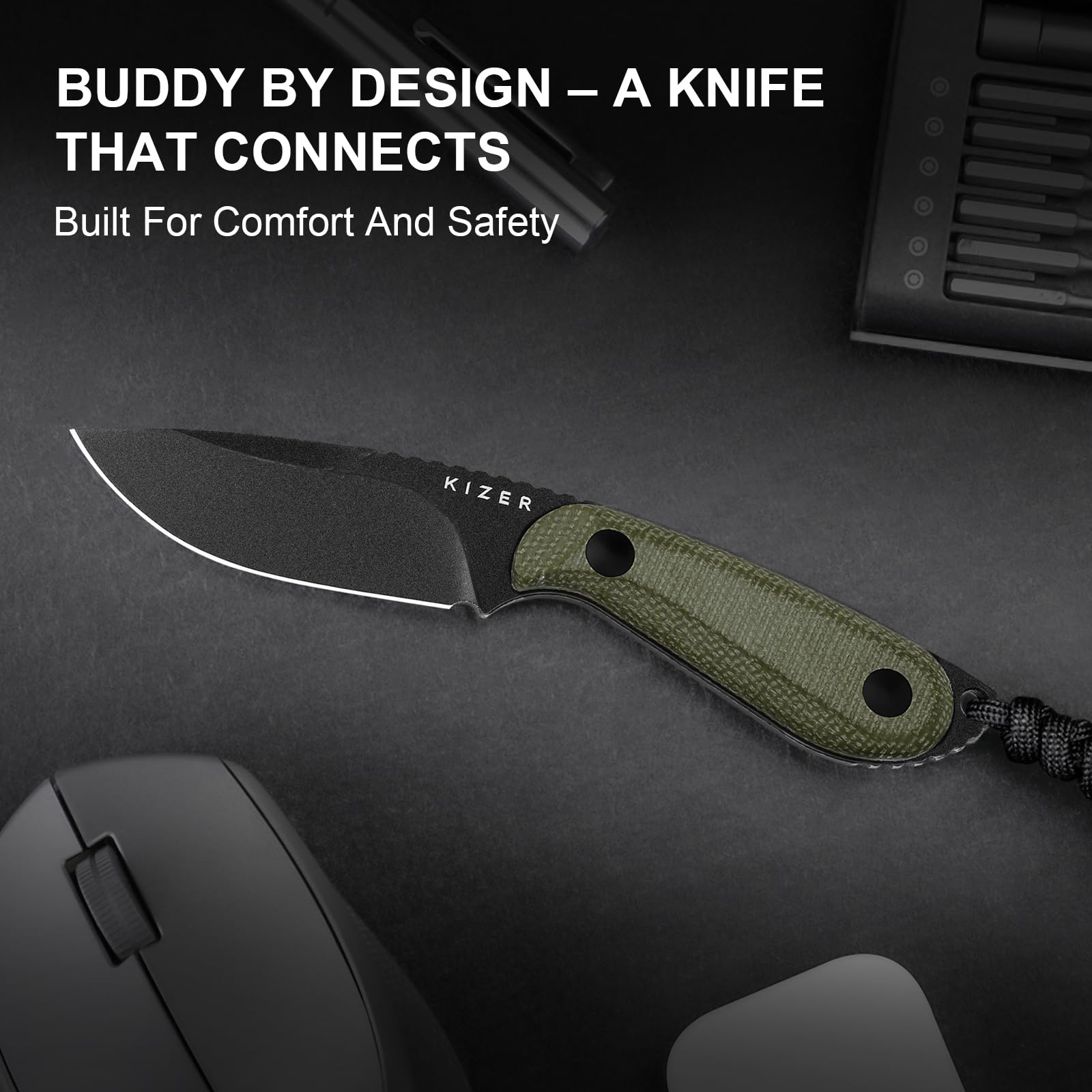 Kizer BUDDY Cuchillo de Hoja Fija, Cuchillo de Camping de Acero D2 de 3" con Mango de Micarta Verde Oliva, Cuchillos Compactos EDC de Hoja Fija con Funda para Senderismo y Camping 1081M1