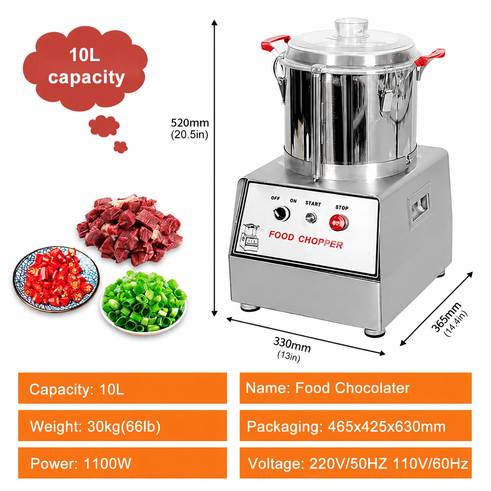 Tritatutto Elettrico Professionale in Acciaio Inox 10L | Macchina per Preparazione Alimentare, Robot Multifunzione per Carne, Verdure, Spezie & Salse