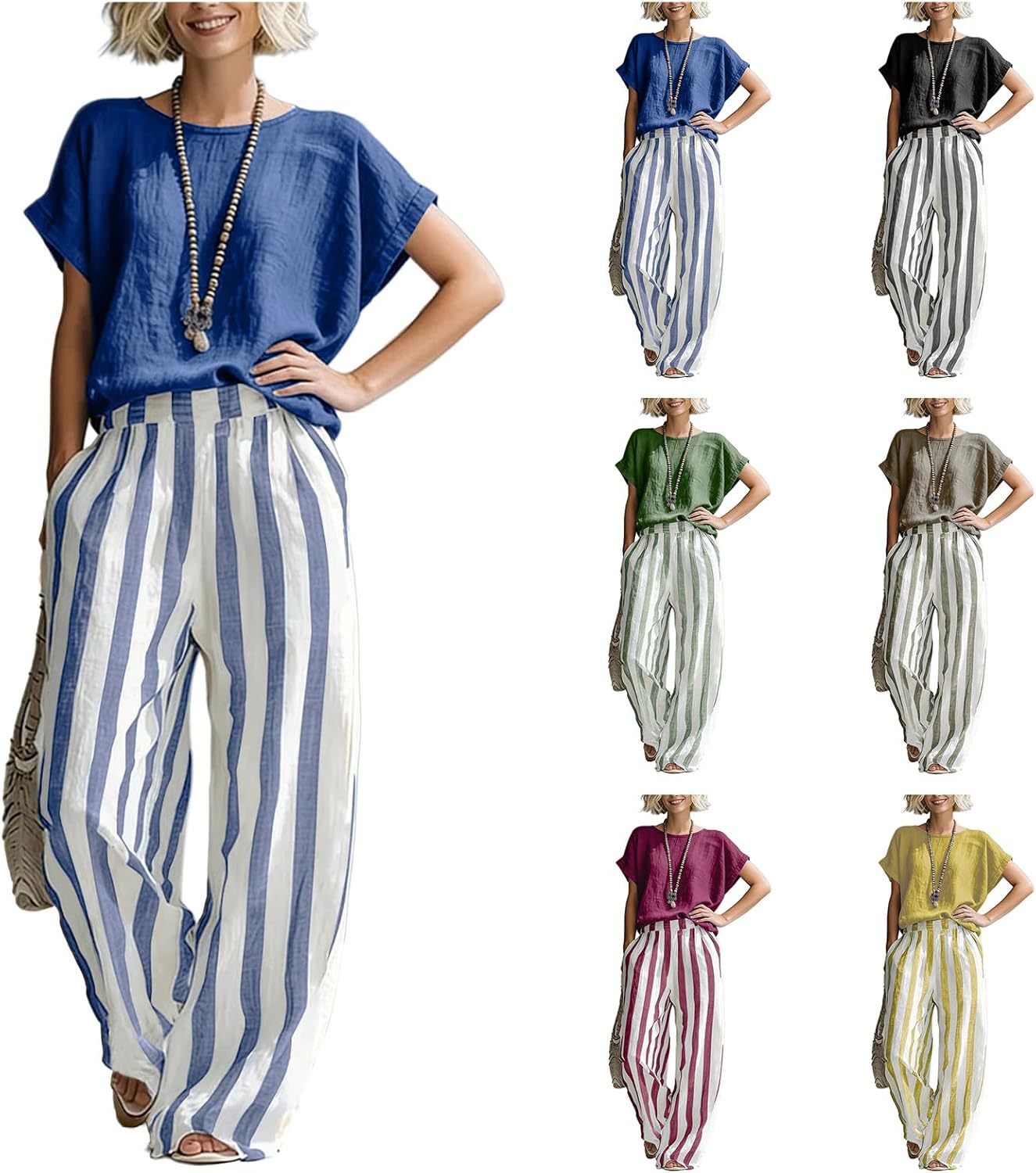 ZWRXW Womens Linen 2 Piece Sets Short Sleeve T Shirts Striped Wide Leg Pants Matching Lounge Set Summer Loose Casual Outfits