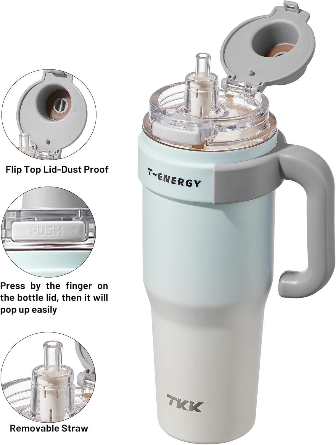 TKK 40 oz Tumblers with Handle and Straw, Ceramic Coating Insulated Bottle 100% Leakproof Travel Mug for Water, Iced Tea or Coffee, Smoothie, Cup Holder Friendly Base, BlueWhite - Image 5