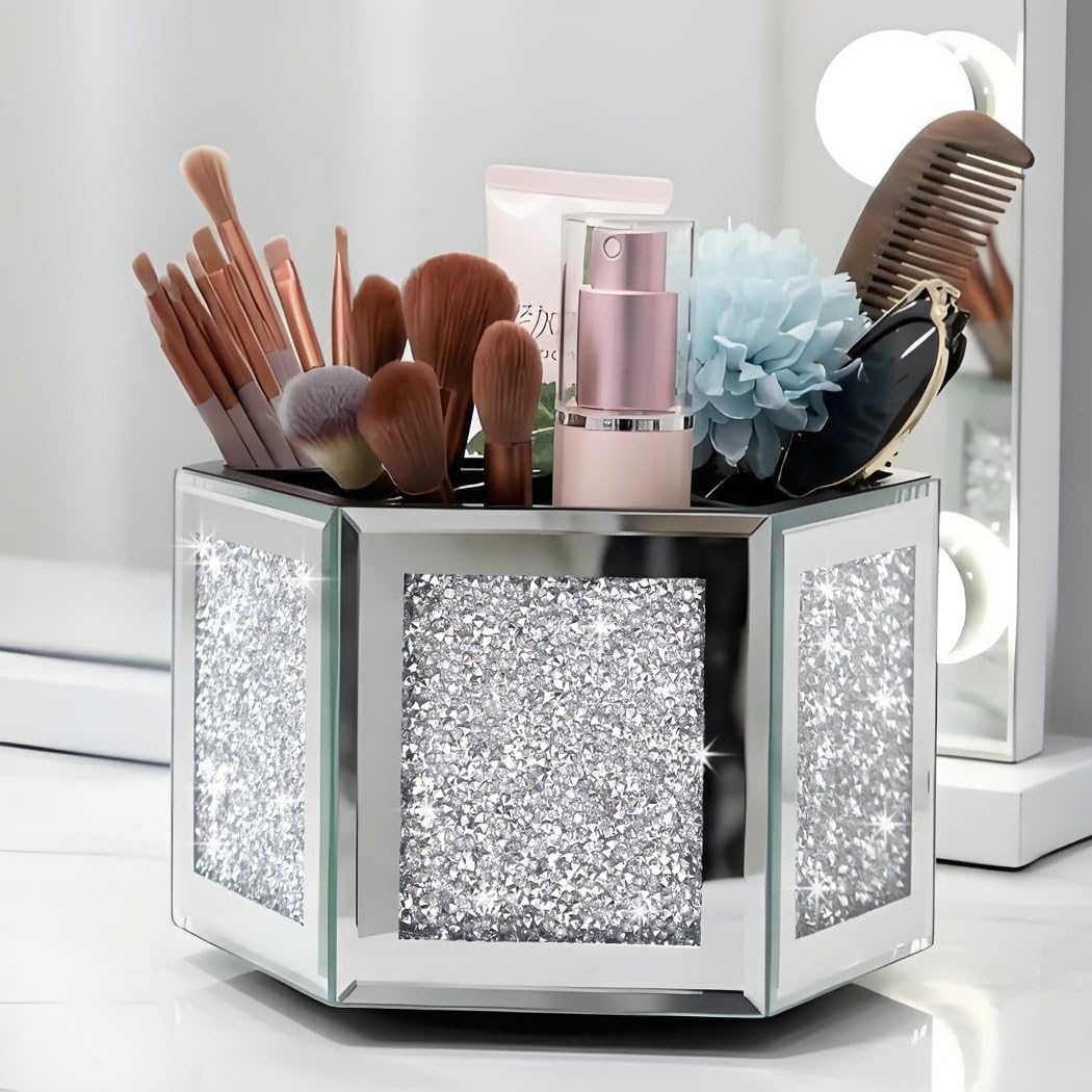 Rotatable Multifunctional Jewelry Utensil Holder Hexagon Jewelry Make up Organizer Cups Crush Diamond Mirror Decor, brush/office pen cup holder Eyeliners Display Case for Vanity