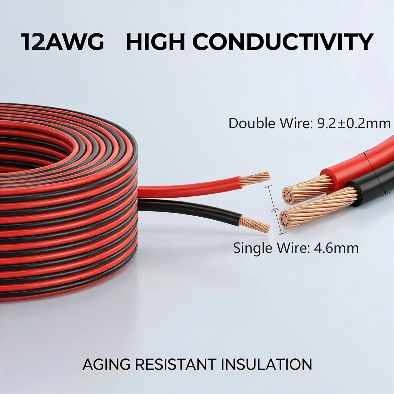 12 Gauge Wire 100FT, 12 AWG Red and Black 2 Conductor Speaker Wire Copper Clad Aluminum Automotive Electrical Wire 12/2 for 12V/24V DC, Automotive, Car Audio, Home Theater, LED Strips, Lighting