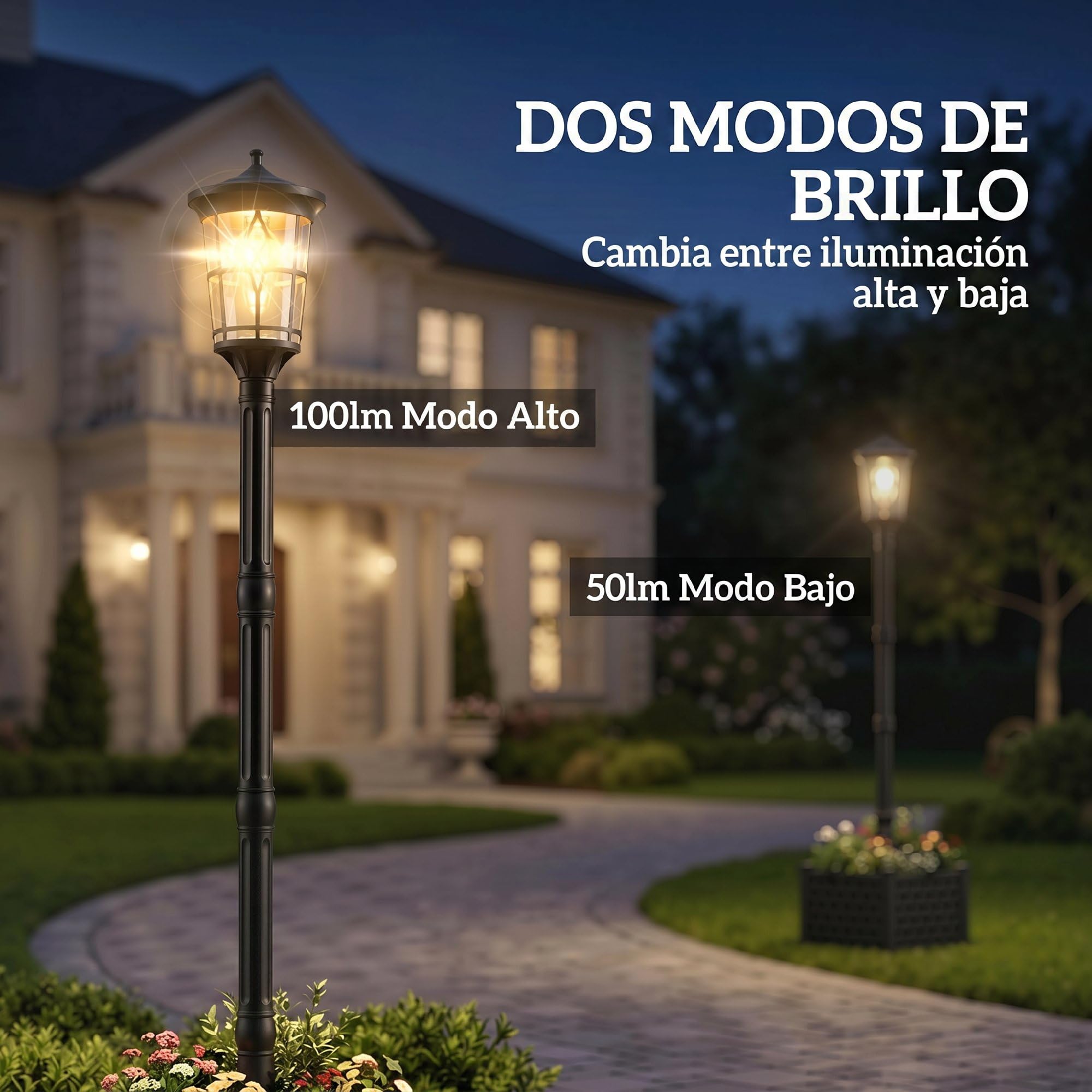 Outsunny Farola Solar Exterior de Jardín con Macetero 41,5x41,5x202,5 cm | Luz Solar de Exterior LED, 2 Modos de Brillo 100/50 lm, Impermeable IP44, Encendido/Apagado Automático, para Terraza, Patio