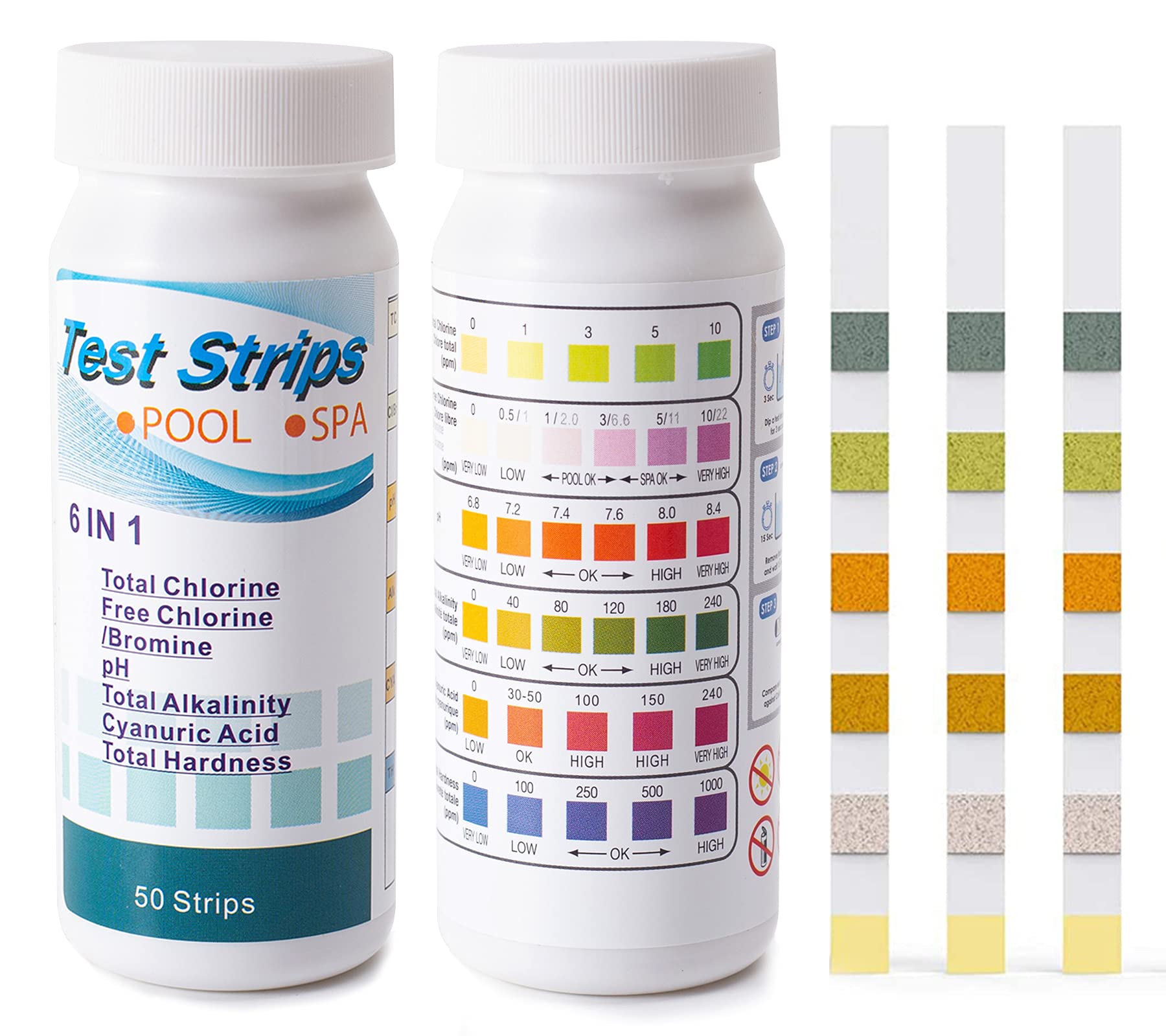 6 in 1 Pool Spa Hot Tub PH Test Strips,Swimming Pool and Spa Chemicals Test Strips for Quick Detect of PH, Total Chlorine, Free Chlorine, Total Alkalinity, Cyanuric Acid, Total Hardness(100PCS)
