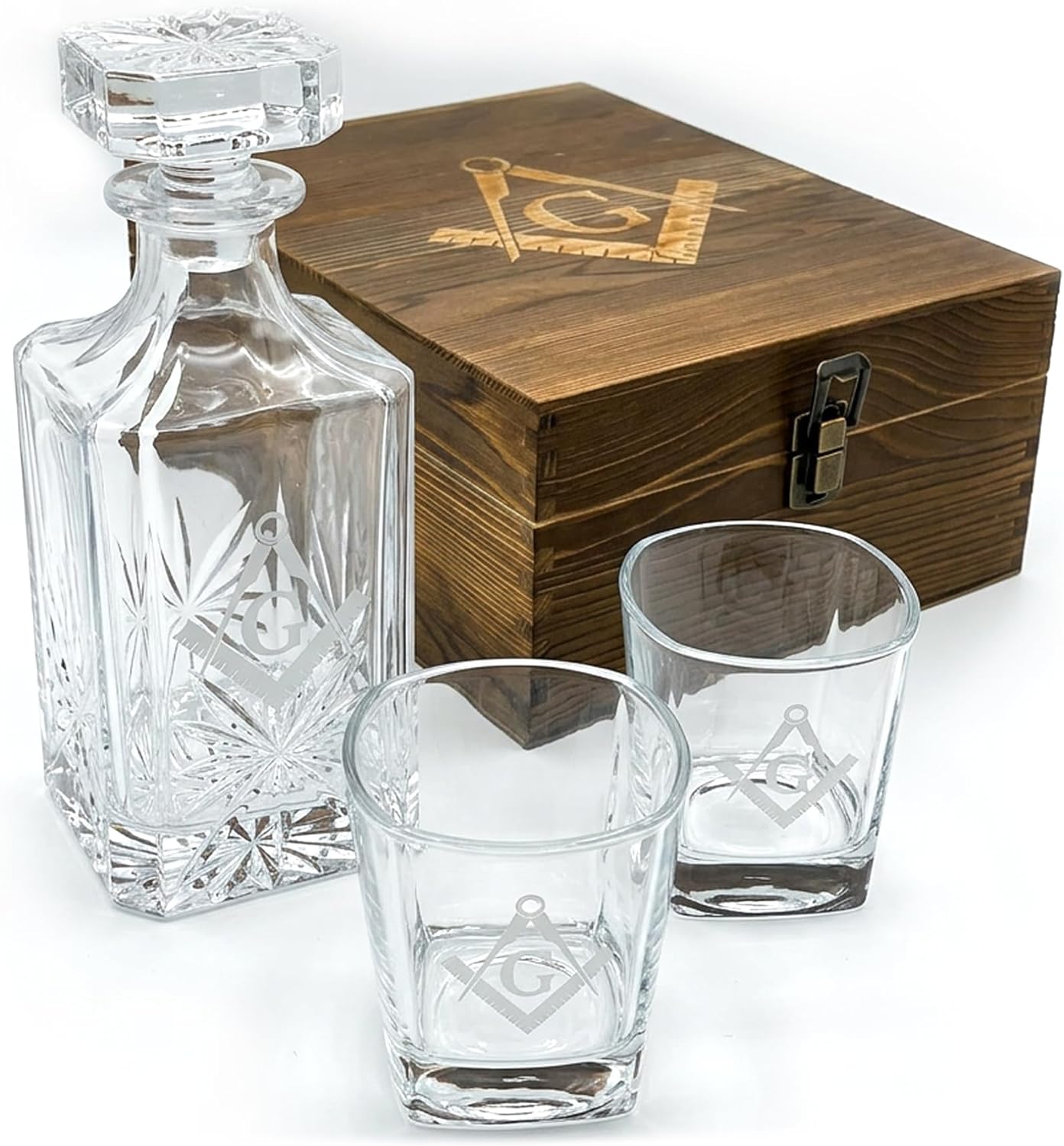 Masonic Square & Compass Engraved Decanter and Glasses Set with Wooden Box