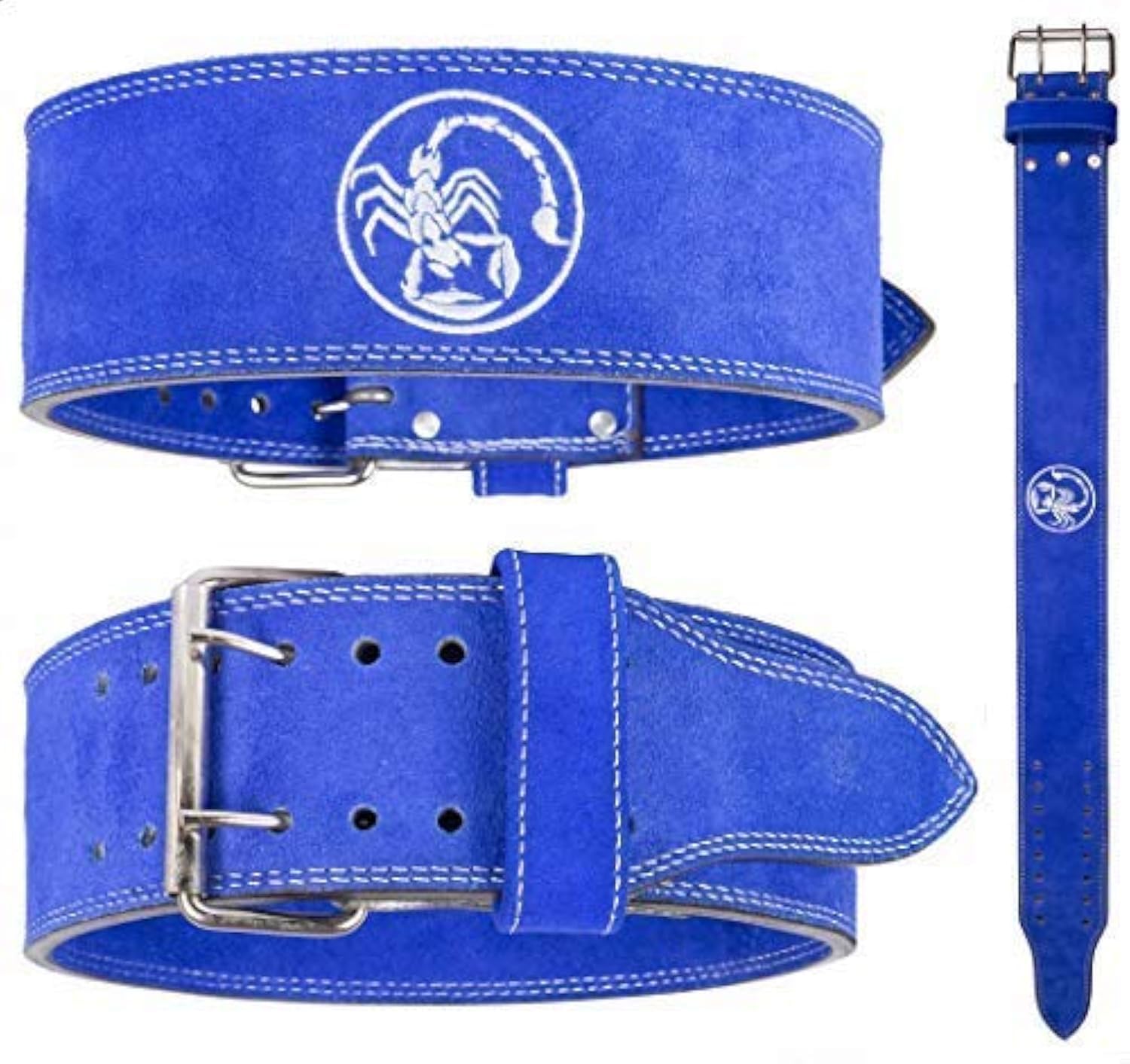 Scorpion Power Lifting Steel Double Prong Buckle Weight Lifting Belt Competition Standard Leather PowerLifting Belt 10mm Thick x 100mm Wide (Blue, Large)