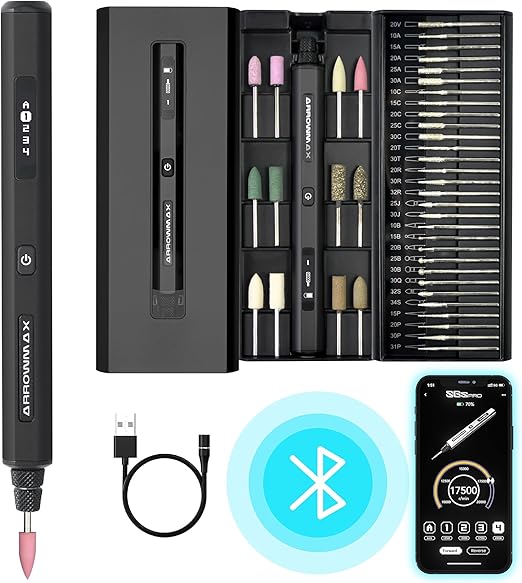 AM ARROWMAX Mini Engraving Pen with 42 Bits - Rotary Tool Smart Motion Control, OLED, Bluetooth, APP, Wireless Magnetic Charge, Engraving Pen for Metal, Wood, Glass and Plastic (SGS PRO) Black