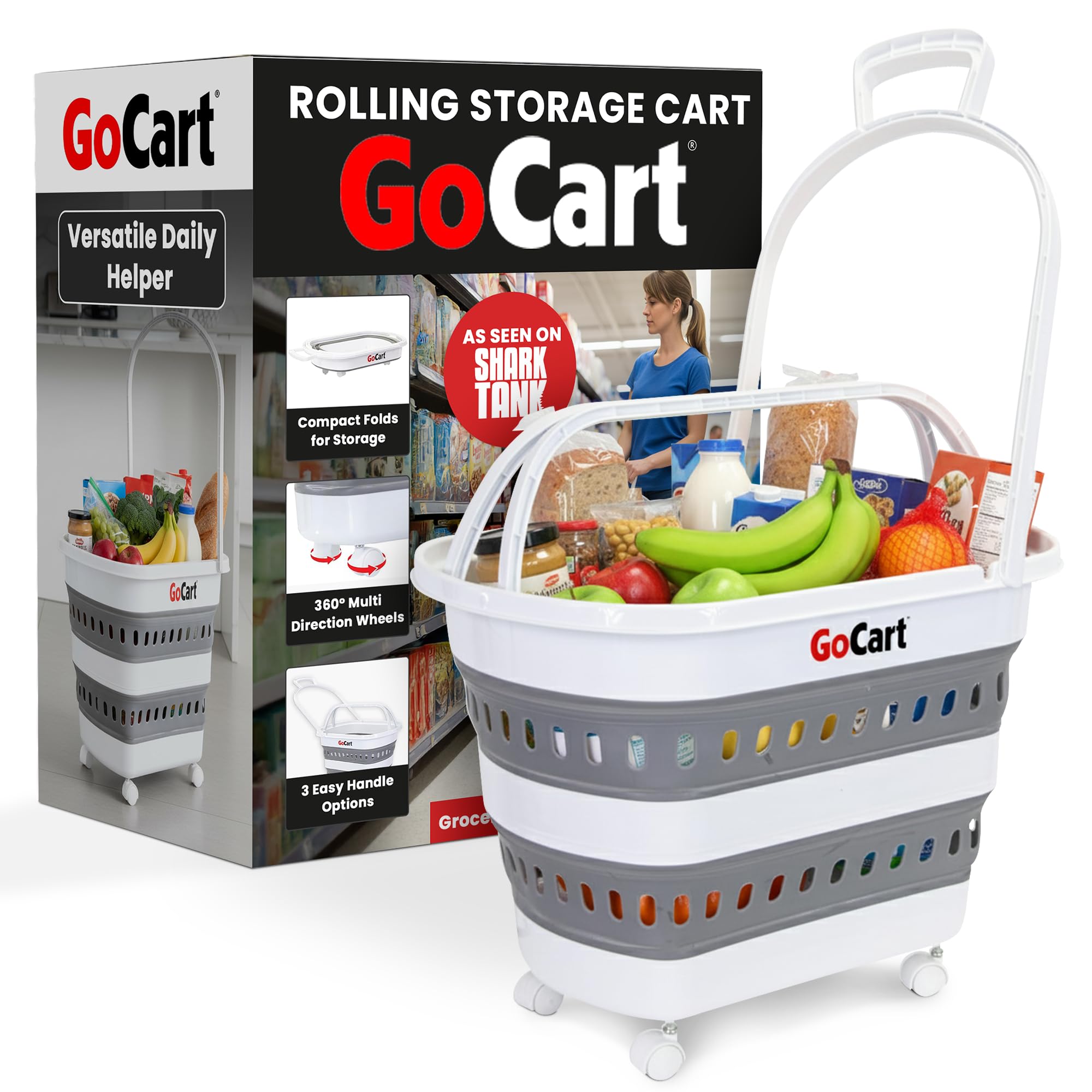 Folding Gocart Collapsible Laundry Basket on Wheels Grocery Cart Shopping Foldable Pop Up Plastic Hamper Tote Handles Cesto para ropa sucia, White