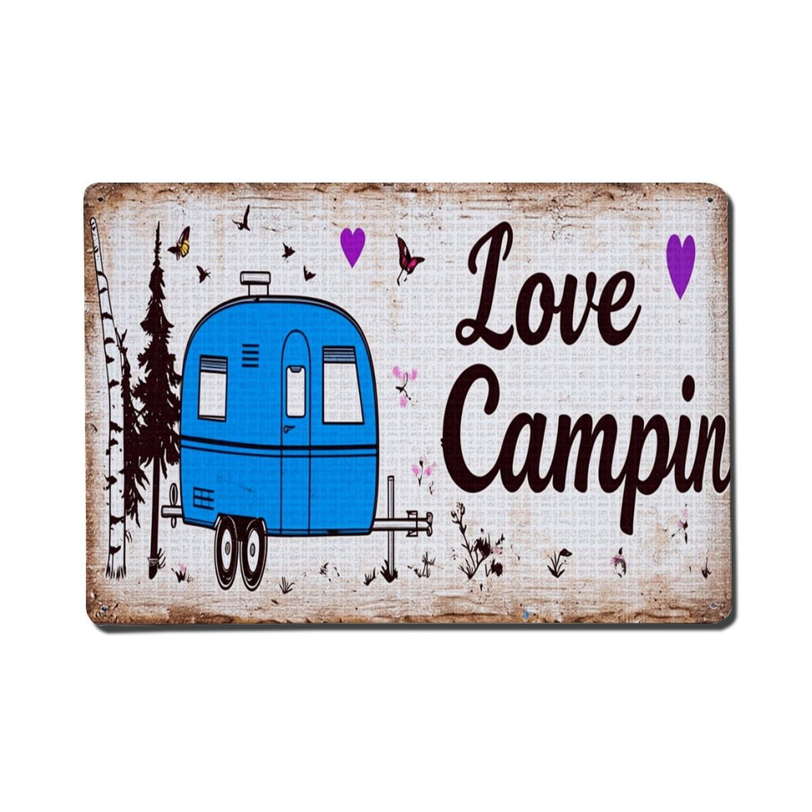 Blue Camper Tree Butterflies Hearts Vintage Tin Sign Retro Metal Wall Decor Metal Poster, Home Bar Garage Farmhouse Cafe Wall Art Decoration 8x12Inches