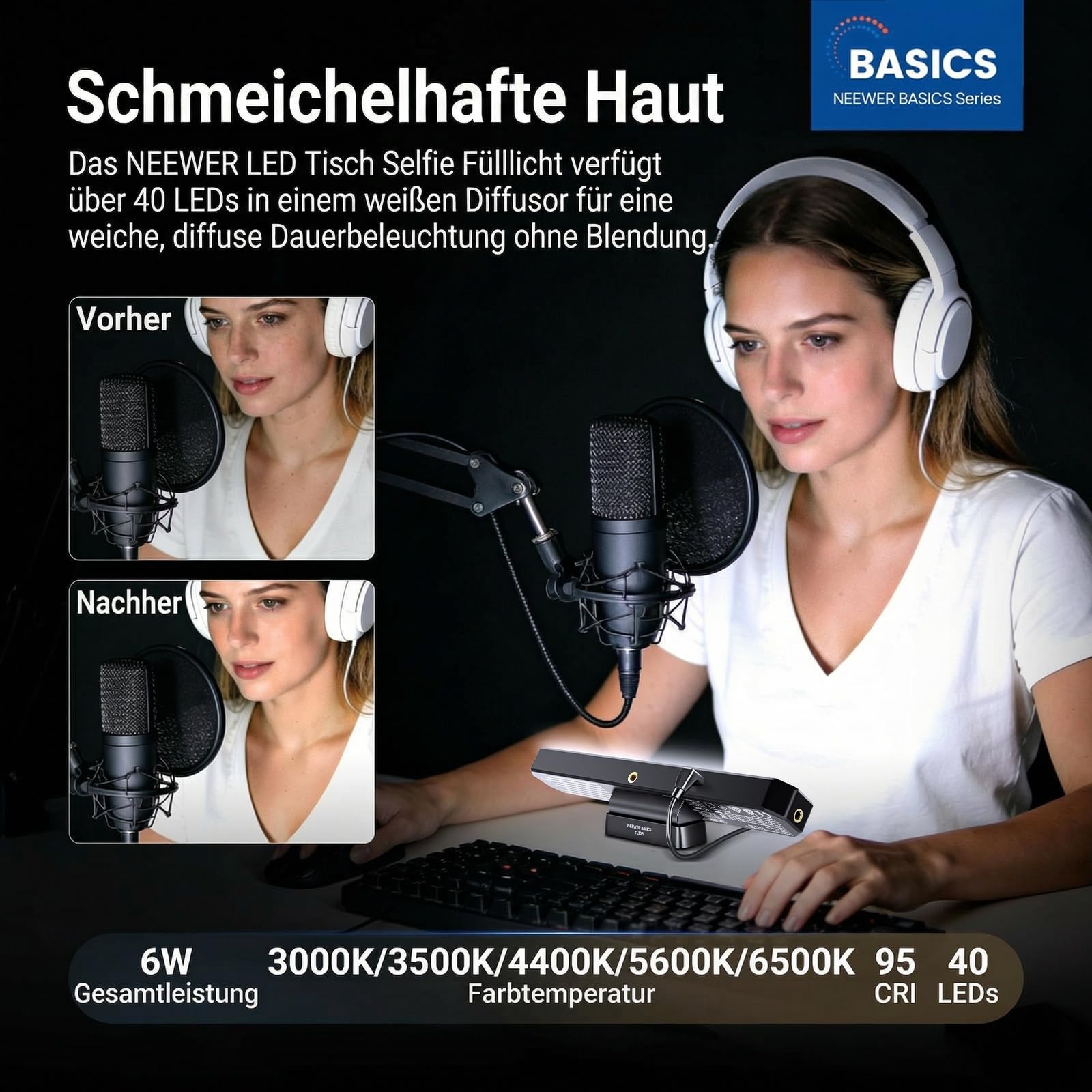 NEEWER Basics LED Kinn Fotolicht CRI95, 6W, zweifarbig, tragbares Tisch Selfie Licht, USB betrieben, für TikTok Streaming, Laptop Videokonferenzen, Stativaufnahmen, Reisen, Makeup, TL30B