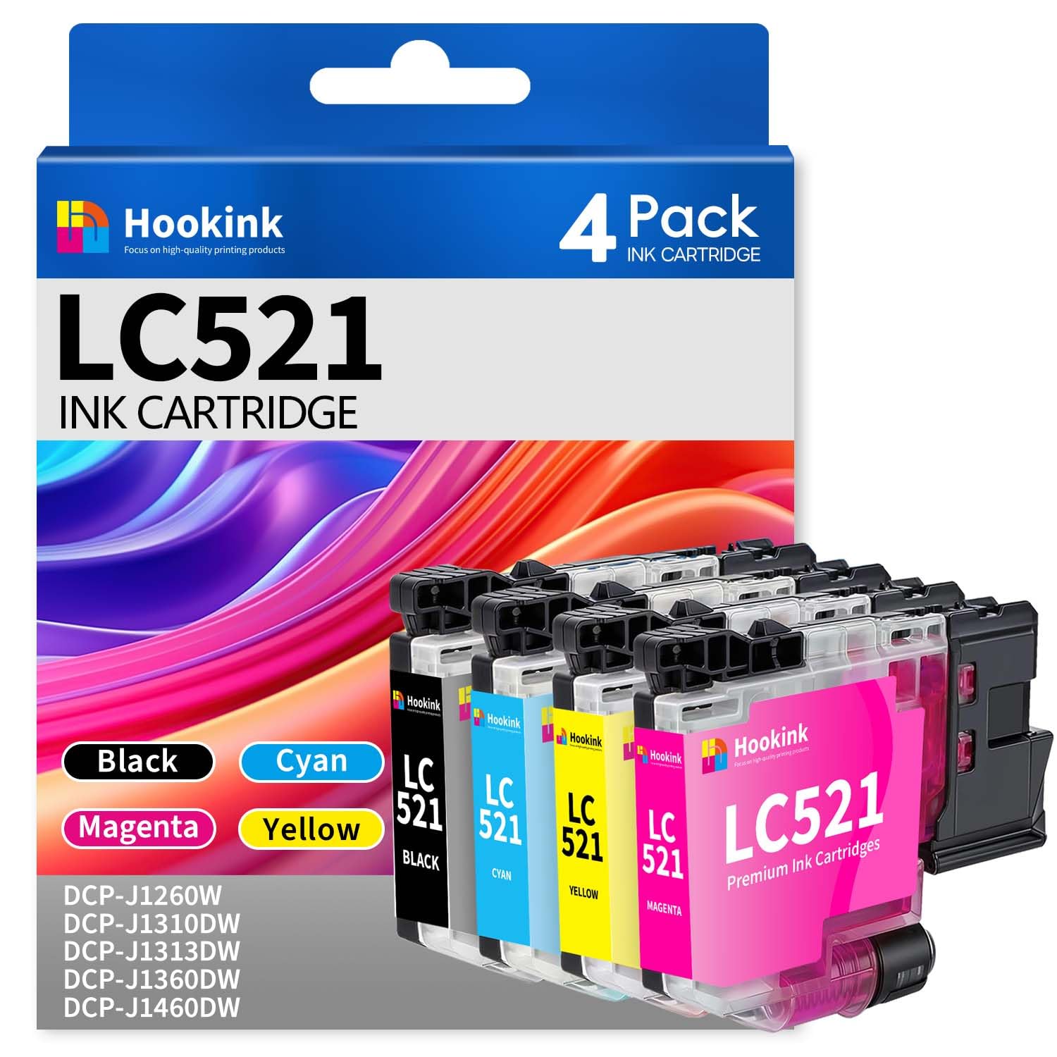 LC521 Tinta Compatible de Reemplazo por Brother LC 521 LC521 Cartuchos de Tinta para Brother DCP-J1260W DCP-J1310DW DCP-J1313DW DCP-J1360DW DCP-J1460DW DCPJ1260W (Negro Cian Magenta Amarillo)