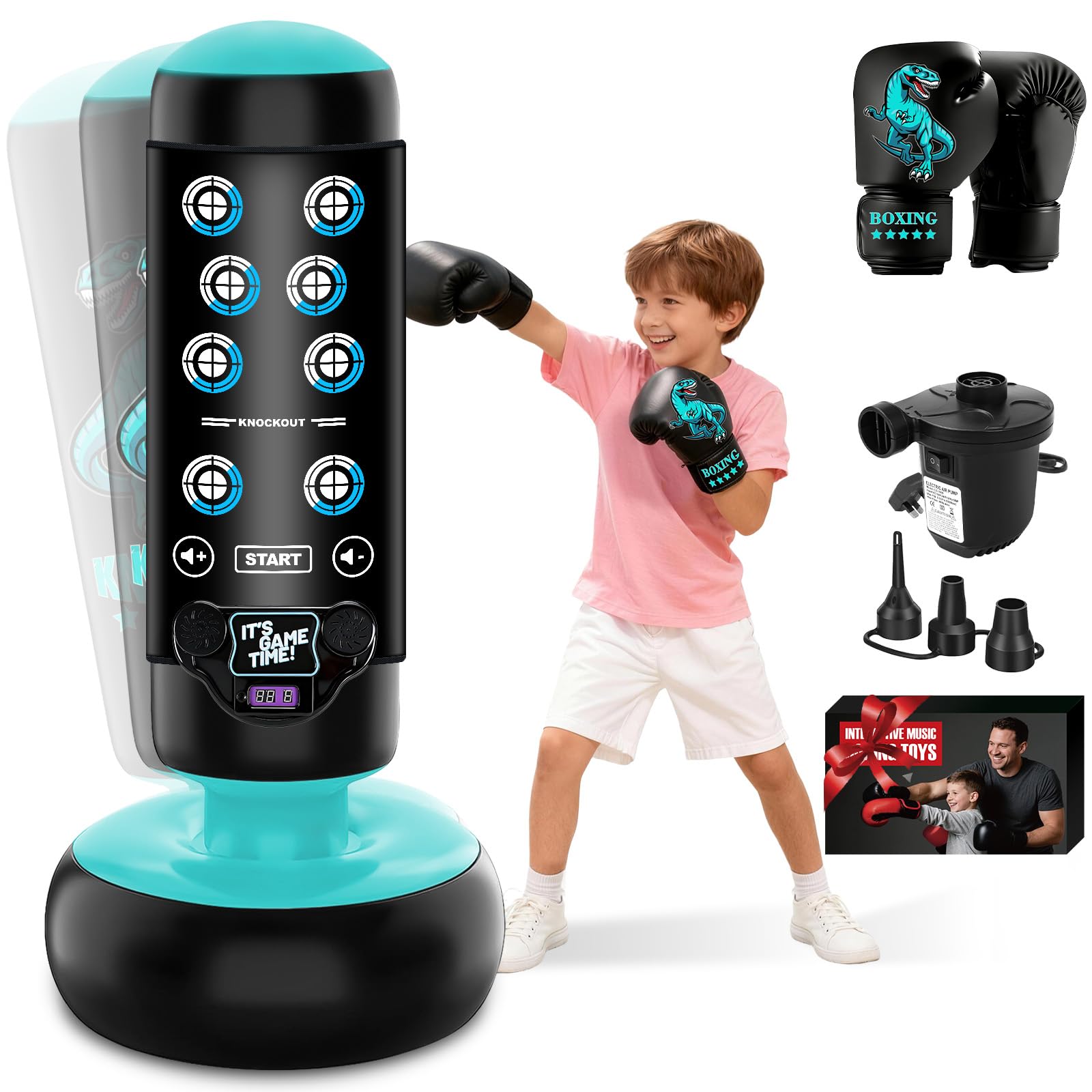 NZQXJXZ Kids Punch Bag, 63 Inch Inflatable Boxing Bag with Boxing Gloves, Kid Punching Set with Scoring, Light and Music Mat for Practicing Karate, Taekwondo, MMA