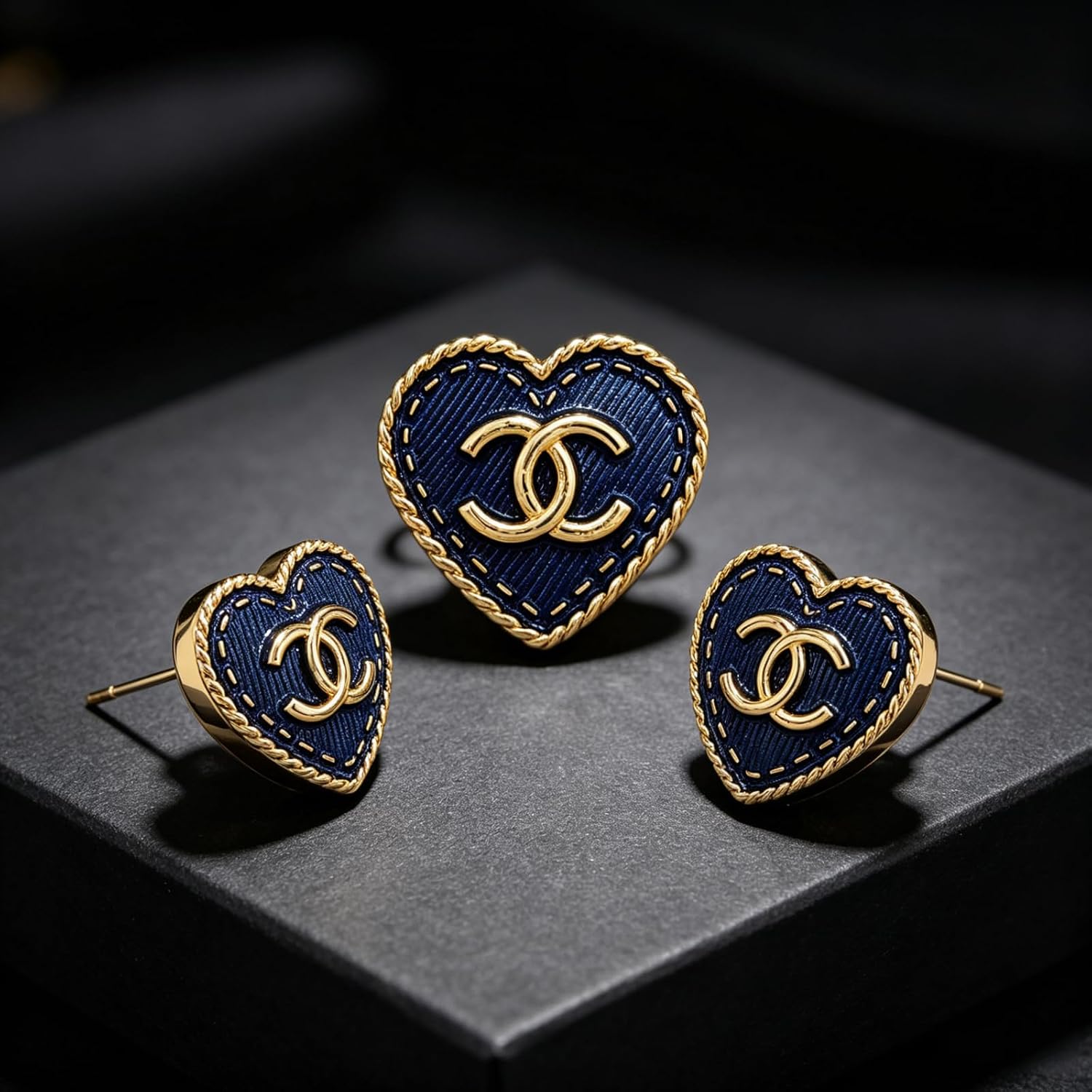 1 Pair Heart Stud Earrings & 1 Brooch Pin Set Navy Blue Denim Texture Gold Trim Jewelry