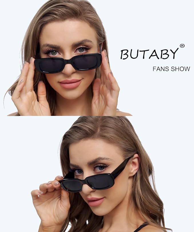 BUTABY Rectangle Sunglasses Lightweight plastic frame, thick but slim , not easily deformed, no metal material, long wear does not press nose give you a unique and comfortable wearing experience.