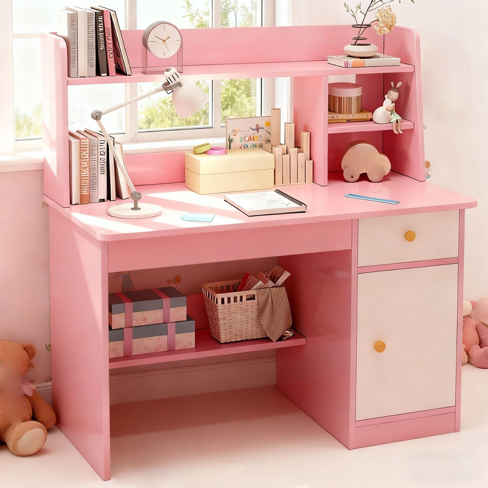 Scrivania per Bambini con Ripiani Armadietto Cassetto Età 3-8 Anni Tavolo Banco Scuola Scrivania Computer per Cameretta, Sala Studio D1
