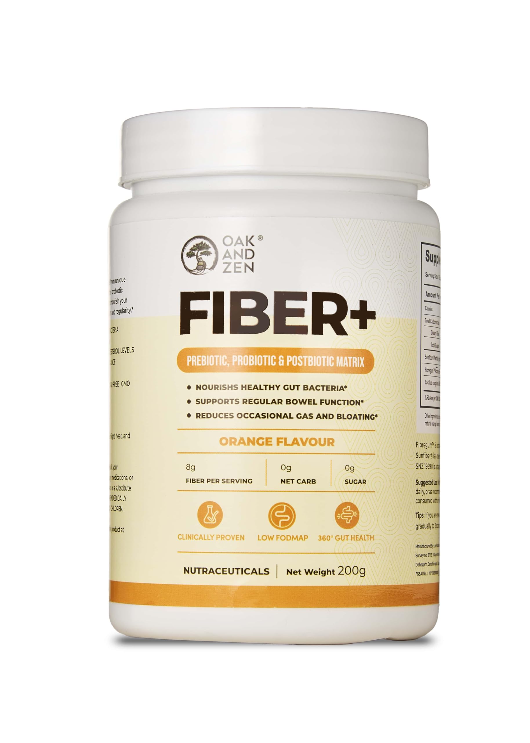 OAK AND ZEN FIBER+ | Gut Health | Regularizes Bowel Movement | Weight Management | Heart Health | Prebiotic & Probiotic for Stomach Upset, Gas, Bloating, Constipation relief | Sunfiber® Partially Hydrolyzed Guar Gum (PHGG), Fibregum™ Acacia Fiber & Bacillus coagulans SNZ 1969® | Delicious Orange Flavour, Sugar-Free, 200g Powder.-image-9