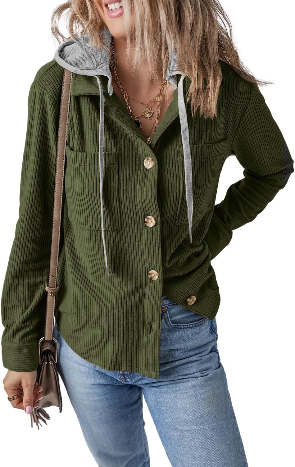 Womens Long Sleeve Button Down Shirt Corduroy Shacket Jacket Casual Fall Solid Short Hooded Coats