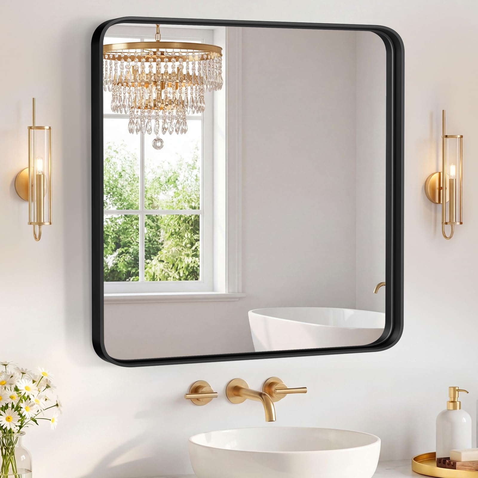 Sweetcrispy Bathroom Mirror 30x30 Inch Metal Framed Rounded Rectangle Vanity Mirror for Wall, Over Sink, Farmhouse, Restroom, Anti-Rust, Modern Decorative, Horizontal or Vertical Hanging, Black