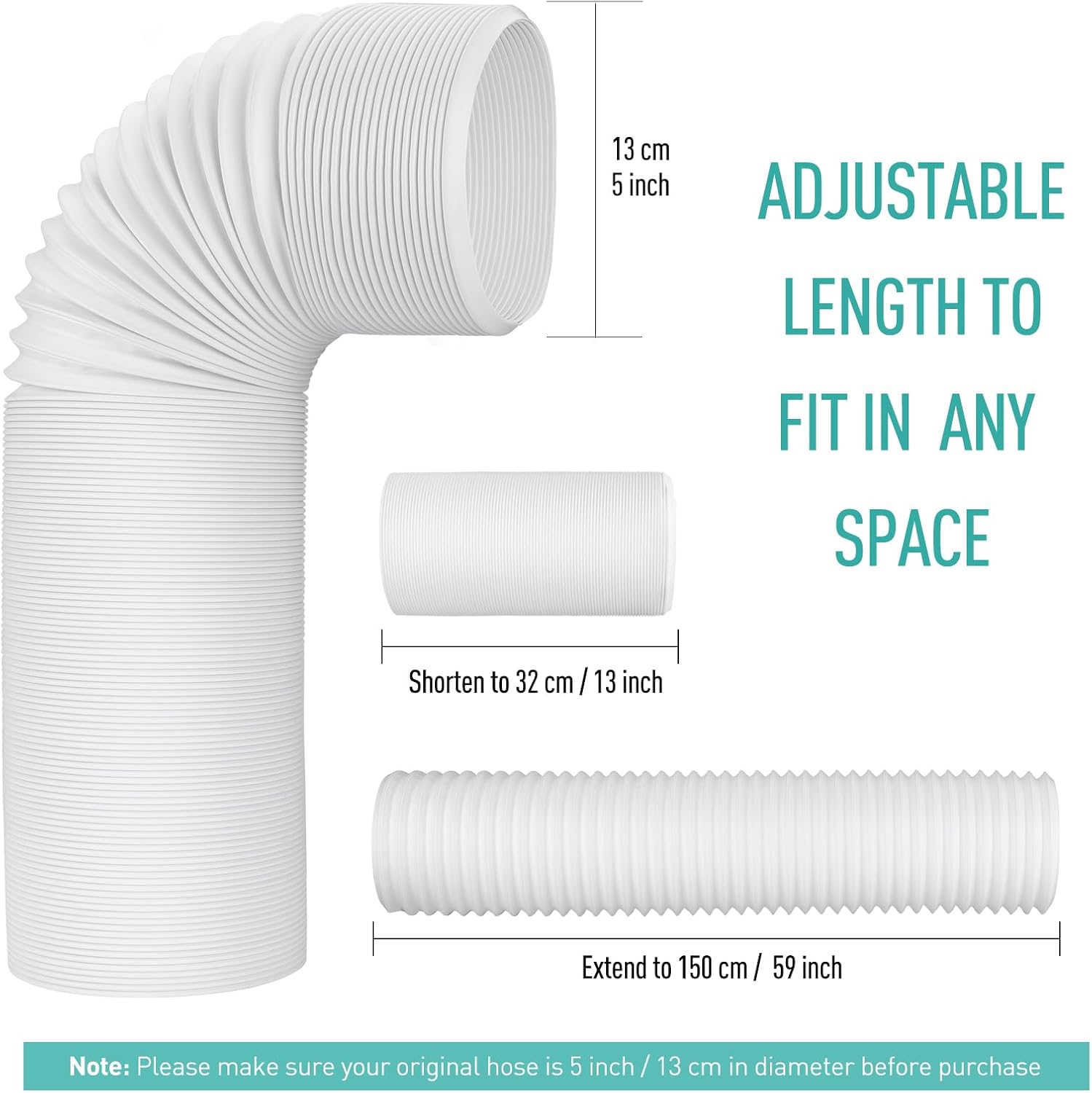 AGPTEK Exhaust Hose for Portable Air Conditioner, 5" Diameter AC Vent Hose, Replacement for Universal 5 inch AC Tube-Clockwise Thread, 59 inch Length