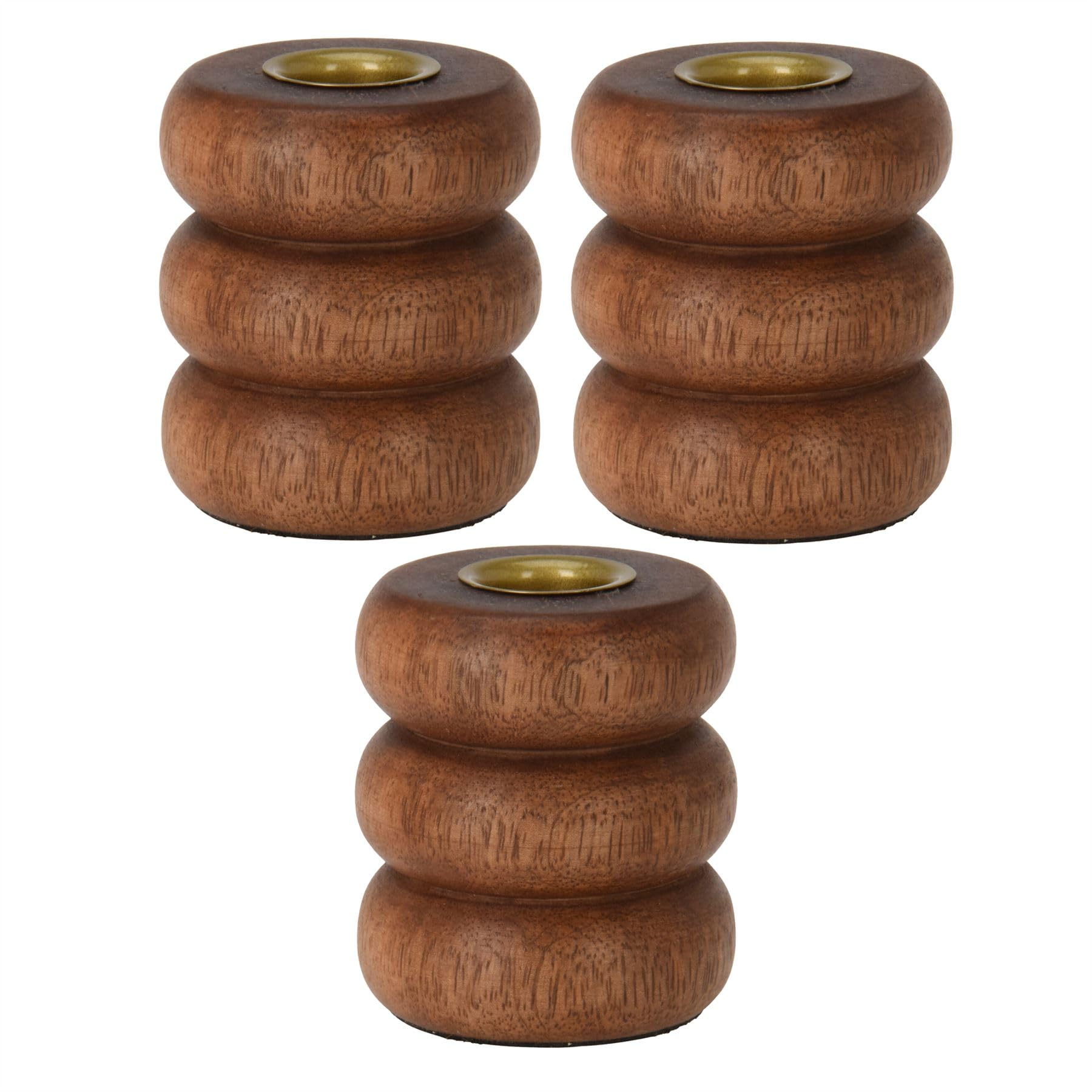 Set of 3 Walnut Ribbed Wooden Candlesticks | Rustic Round Candle Holders for Taper Candles | Decorative Candlesticks for Dinner Tables & Home Decor - 7cm