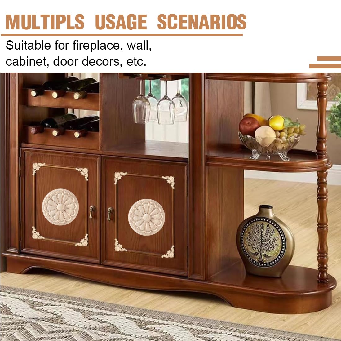 4 Applique In Legno Intagliato Non Verniciato - Decorazioni Per Mobili, Porte E Fai Da Te - 20x5 Cm