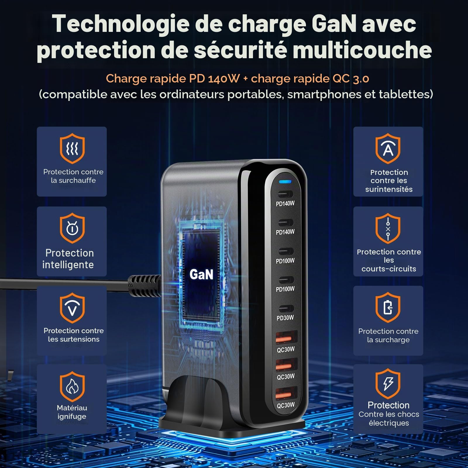 600W USB C Multiple Charger, 8-Port Fast Charging Station with 6 -C and 2 -A PD PPS 100W Power Charger for MacBook Pro/Air, iPad Pro/Air, Sumsung etc-Black