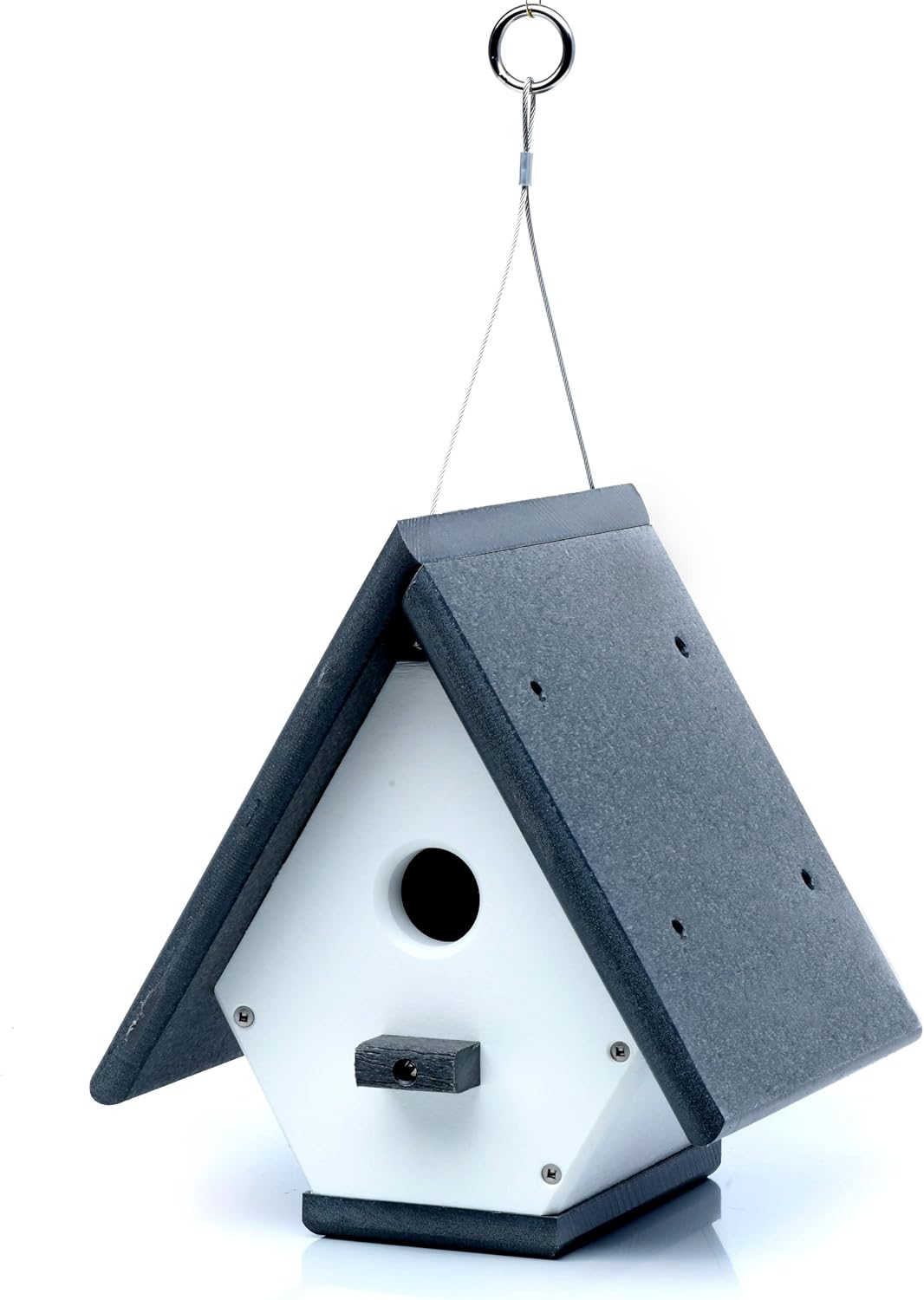 Wren Bird House Poly Lumber Easy Clean Out Design Eco Friendly Hanging Cable Birdhouse (Stone Grey/White)