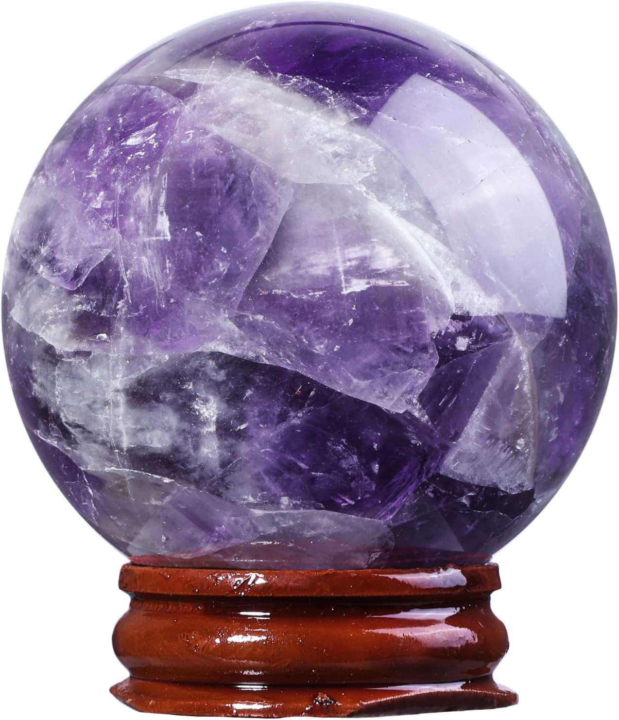 SUNYIK Natural Amethyst Ball Sphere with Wood Stand Polished Stone Orb for Divination Meditation Feng Shui Home Office Desk Decor, 1.9-2.1"(50-55mm)