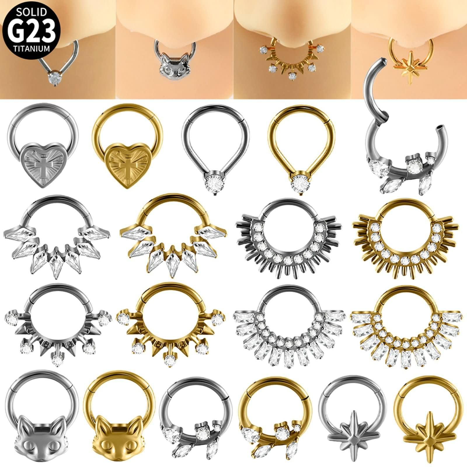 2 szt. 16 Gauge kolczyk do nosa dla kobiet obręcz G23 tytanowa 1,2 x 8 mm, obręcz z sercem i krzyżem, męskie pierścienie do nosa srebrne