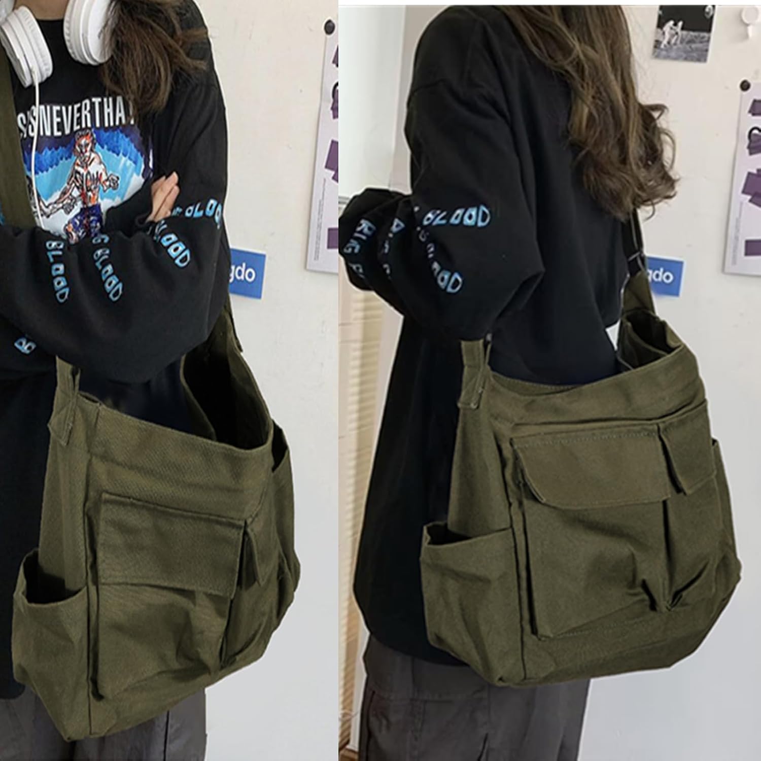 Vintage Canvas Crossbody Messenger Bag with Multiple Pockets and Hook-and-loop Closure, Ideal for School