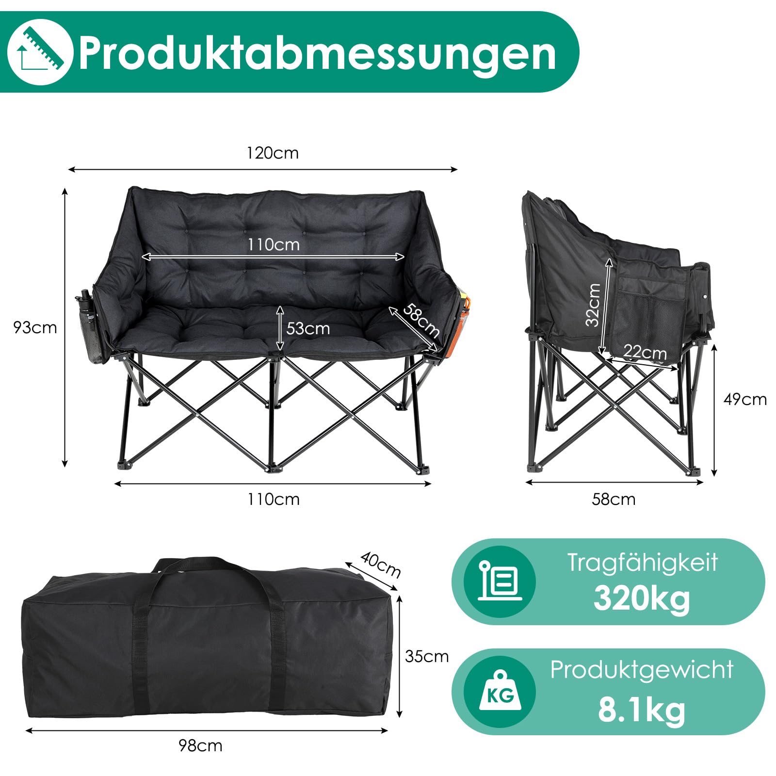 LIFERUN Sedia da Campeggio per 2 Persone, Divano da Campeggio Doppia 320KG, Sedia da Campo Portatile, con Tasca Laterale e posteriore, borsa per il trasporto, per Giardino, Spiaggia, Pesca, Nero