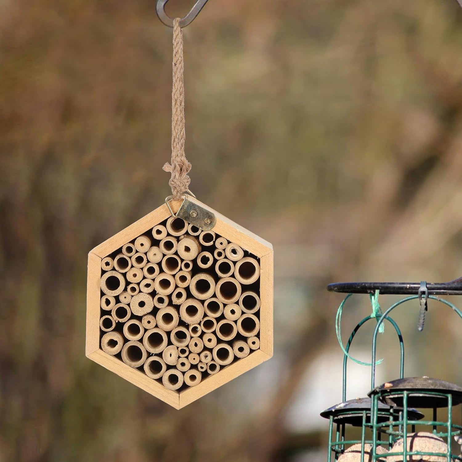 Wooden Bee House Natural Insect Hotel for Garden Pollinators Outdoor Hanging Bee Nest Box with Hexagonal Design and Butterflies