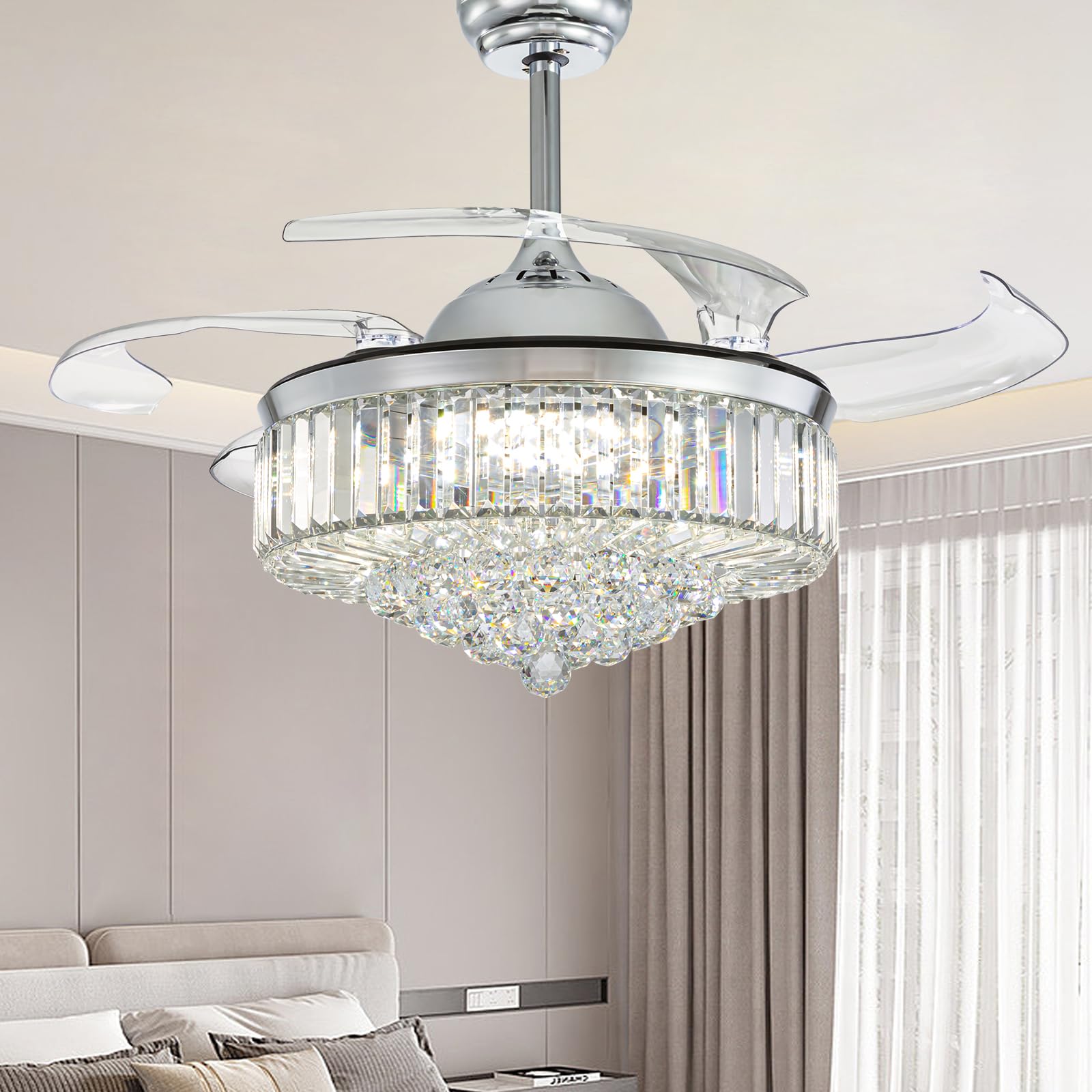 NOXARTE 48 Inch Crystal Chandelier Ceiling Fan with Light Fandelier Ceiling Fan with Light Retractable Blades Fan with Remote Control 48" Dimmable Fandelier for Bedroom Living Room