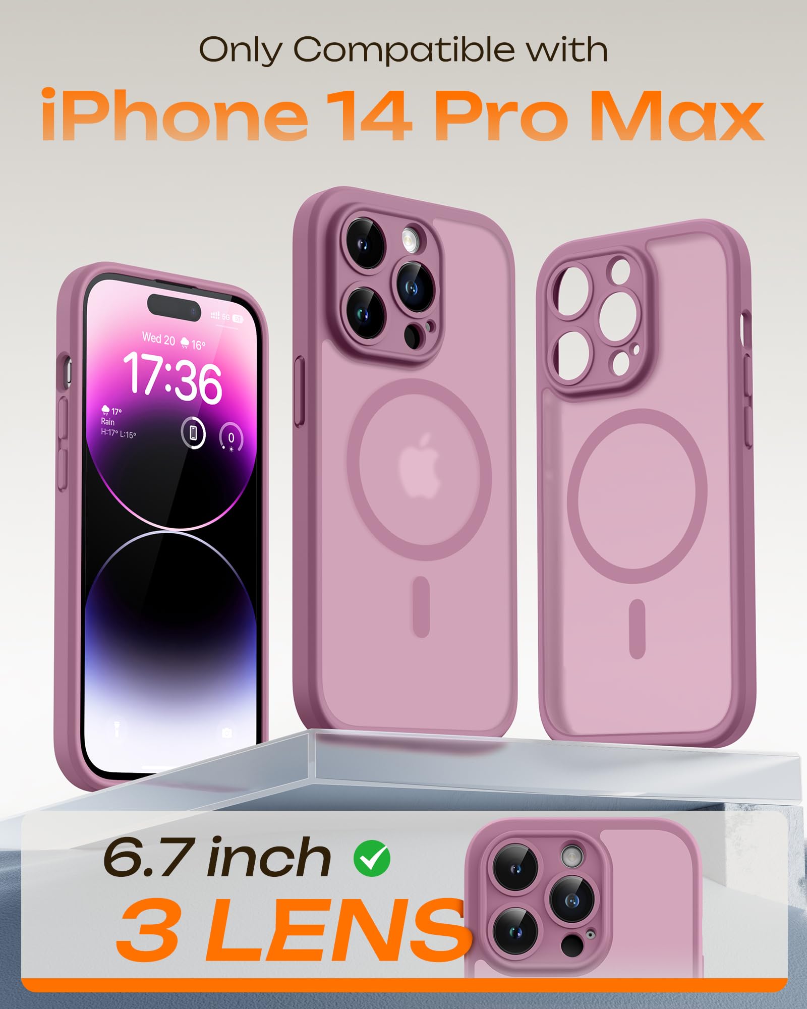 TOCOL Cover Magnetica per iPhone 14 Pro Max 6,7 Pollic, Compatibile con MagSafe, Protezione Fotocamera Integrata, Custodia Antiurto Traslucida Opaca, Lilla Viola