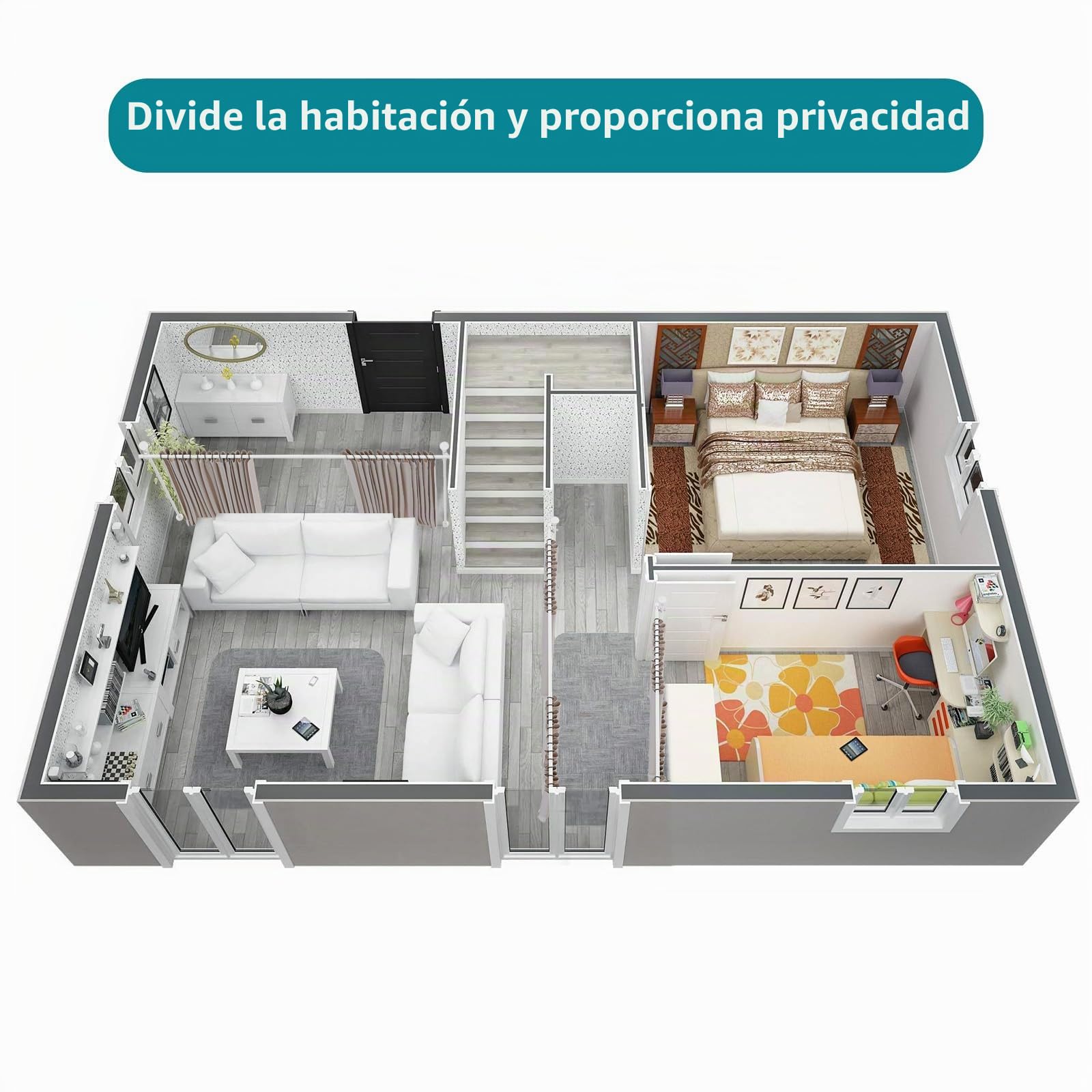 Divisor de ambientes, barra de cortina, flexible, ajustable, separador de habitaciones o barra de cortina, protección visual para salón, dormitorio u oficina de metal, 178 cm de ancho x 317 cm de alto