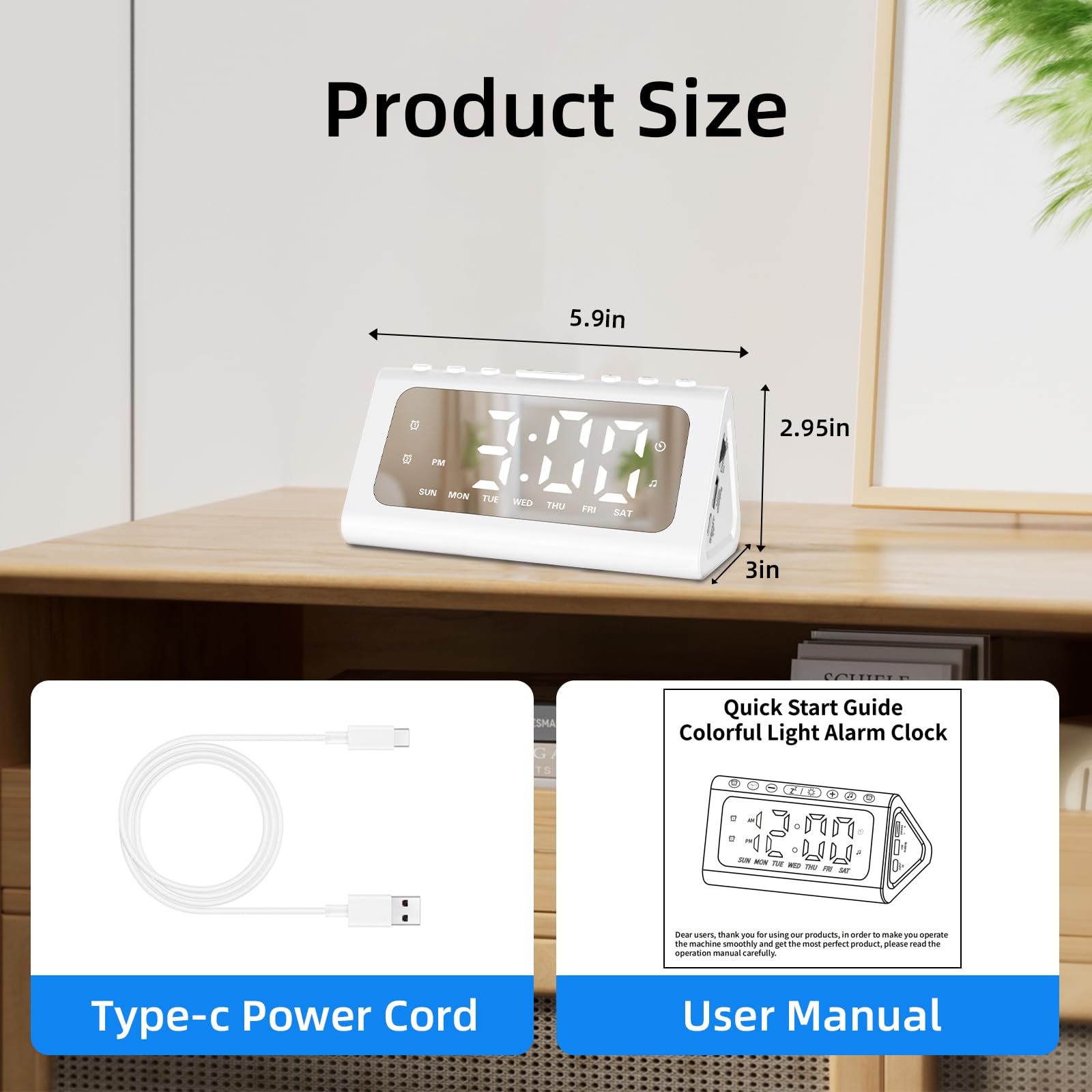 Cooluck Reloj despertador fuerte para dormitorios con sueño pesado, reloj digital junto a la noche con luz nocturna, alarma dual, sonidos naturales, volumen ajustable, regulador, modo diario/día de