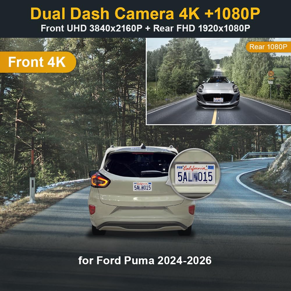 Fitcamx Dash cam Anteriore 2160P+Posteriore 1080P Adatta per Ford Puma 2024 2025 2026 (D1120), OEM Videocamera da Cruscotto, Doppio Video HD Wifi, Sensore G, Registrazione Loop, WDR, Scheda da 128GB
