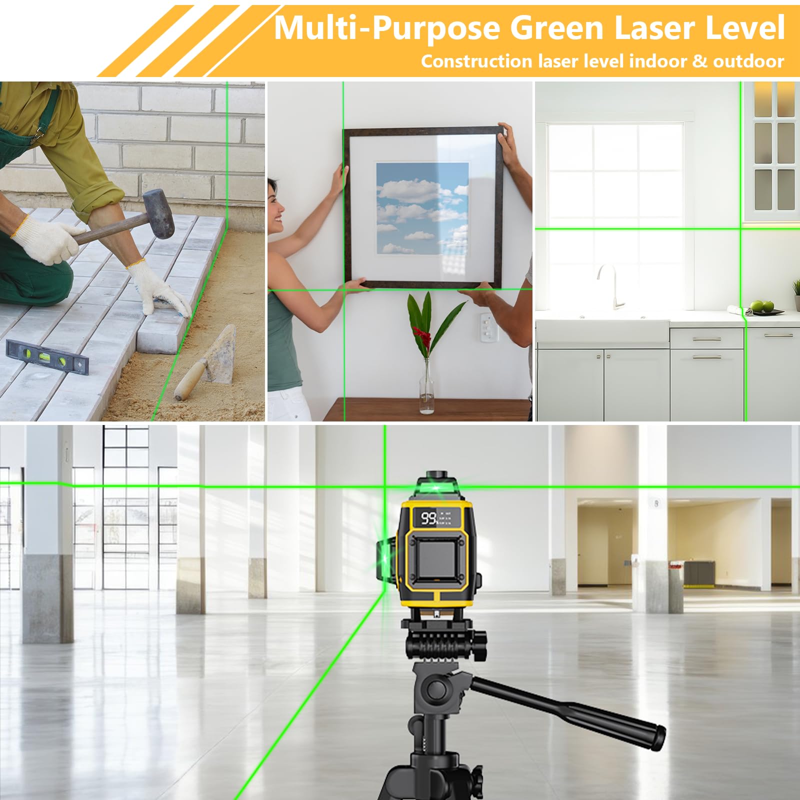Nivel láser de Autonivelante 4x360°,4D 16 líneas Nivel Laser Cruzadas de Haz Verde,Láser Level Con Indicador de Potencia Horizontal/Vertical con 2x batería, Soporte Magnético, ajuste de brillo,remoto